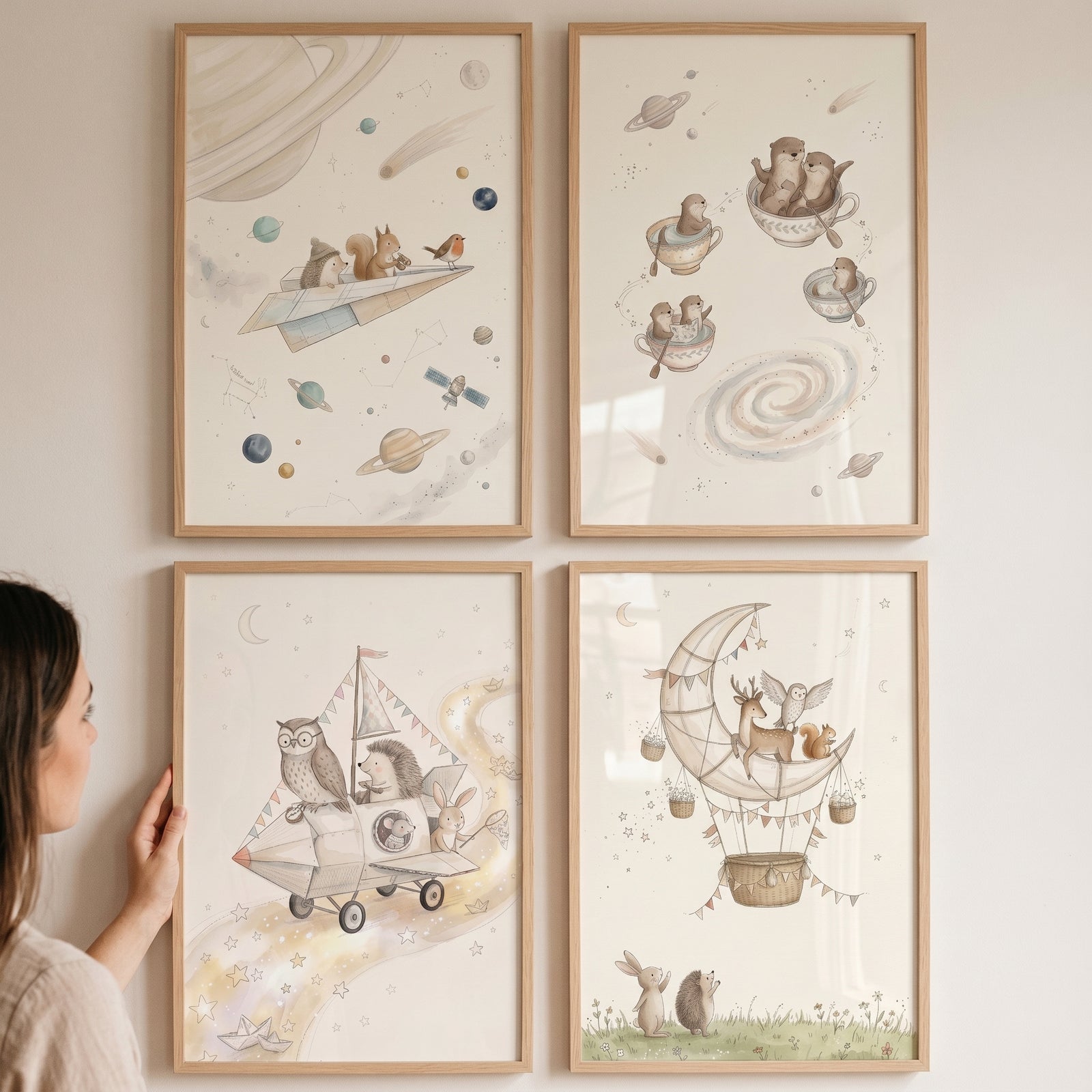 Neutral starry watercolor animals wall art set of 4 featuring whimsical forest creatures in space-themed scenes.