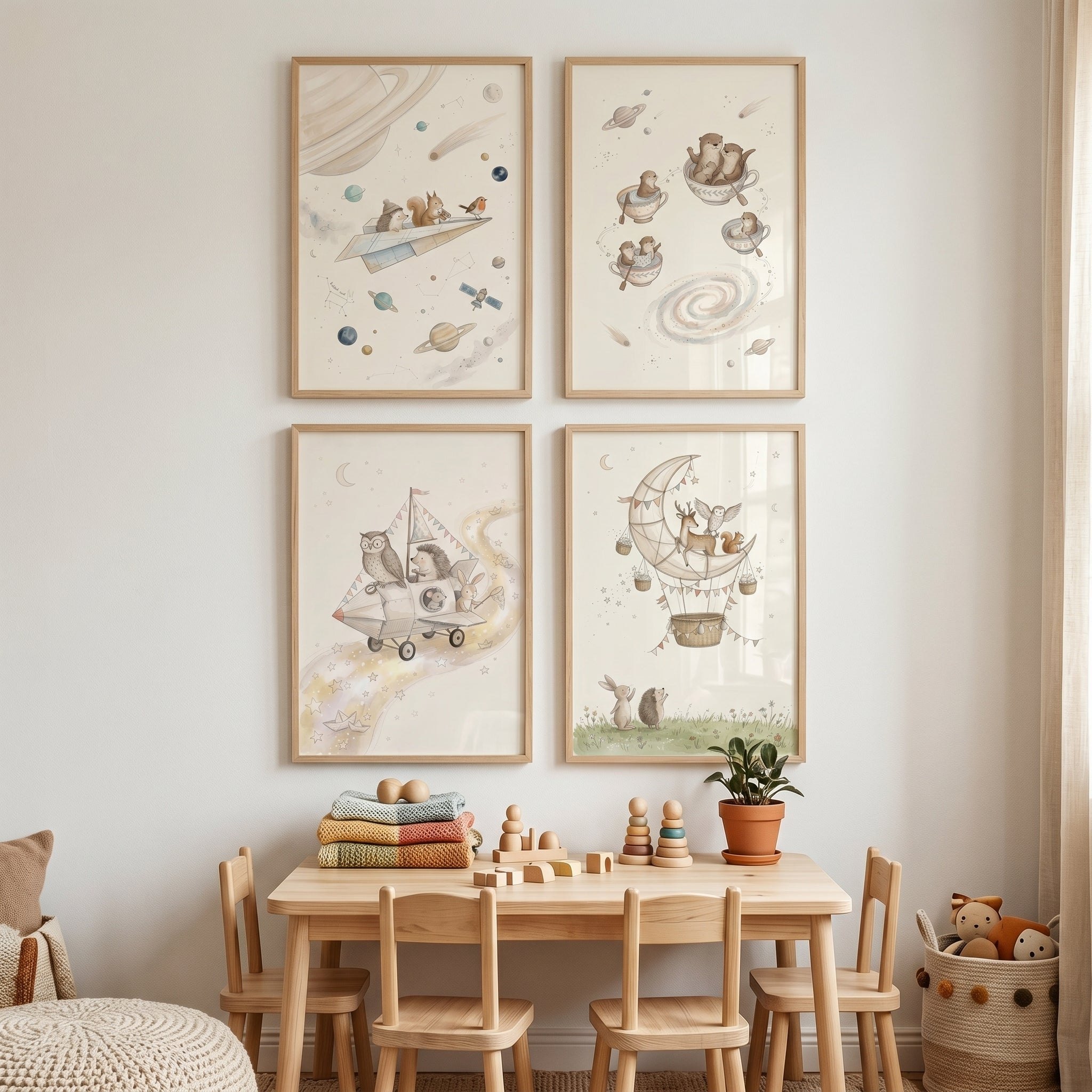Neutral Starry Watercolor Animals Wall Art Set of 4 - Celestial Animal Dreams