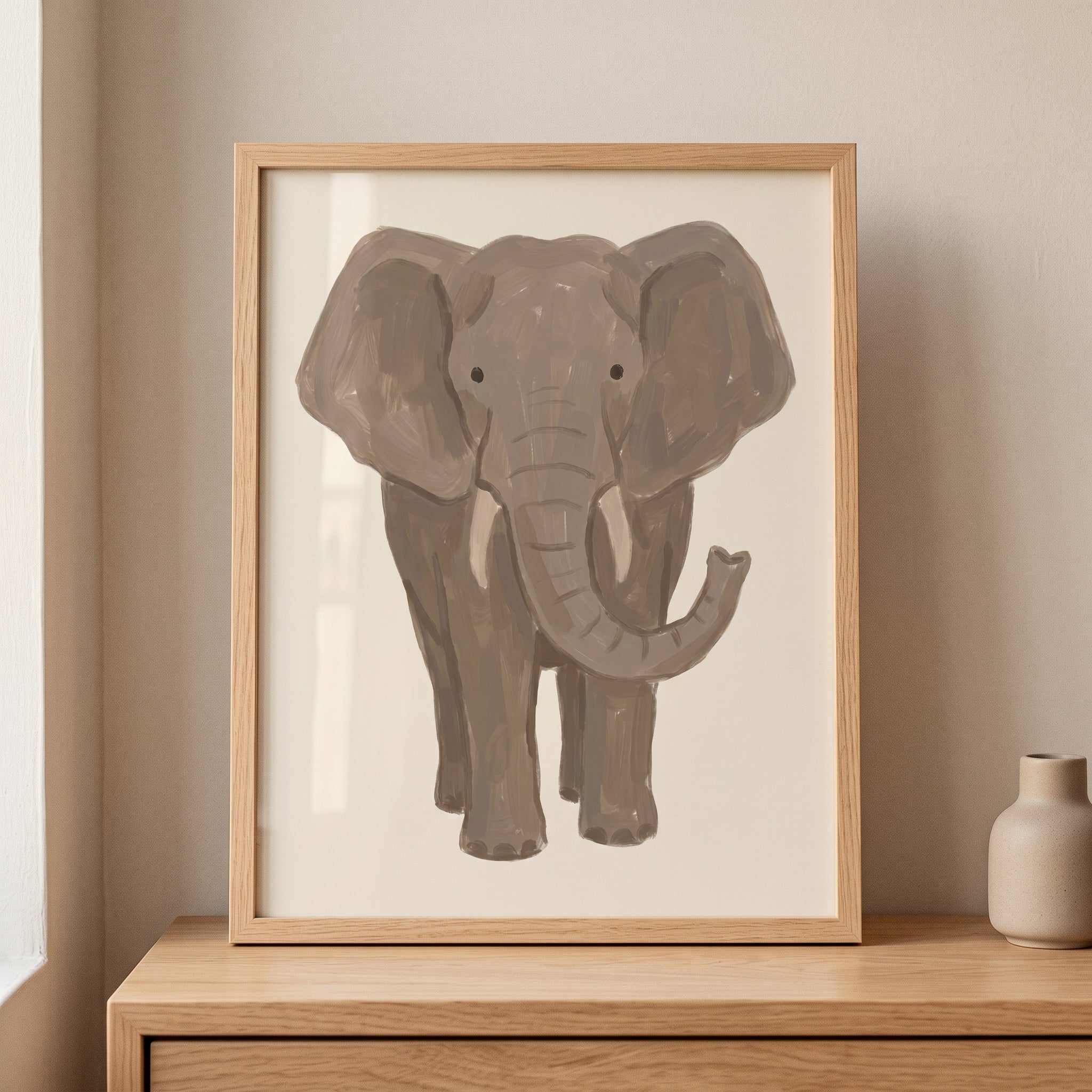 Neutral Tan Baby Elephant Wall Art - Earthy Elephant Friend