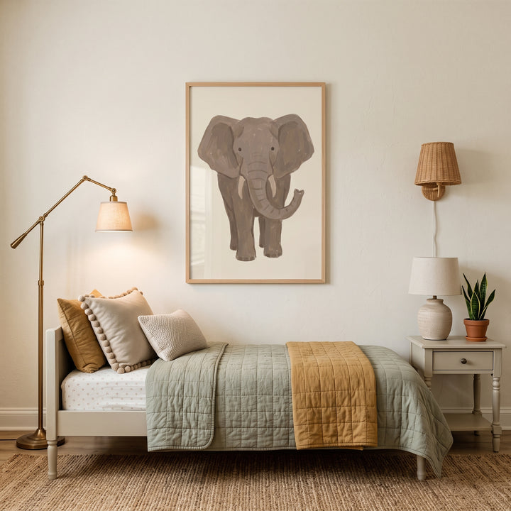Neutral tan baby elephant wall art above a bed with sage and mustard bedding, between a floor lamp and nightstand.