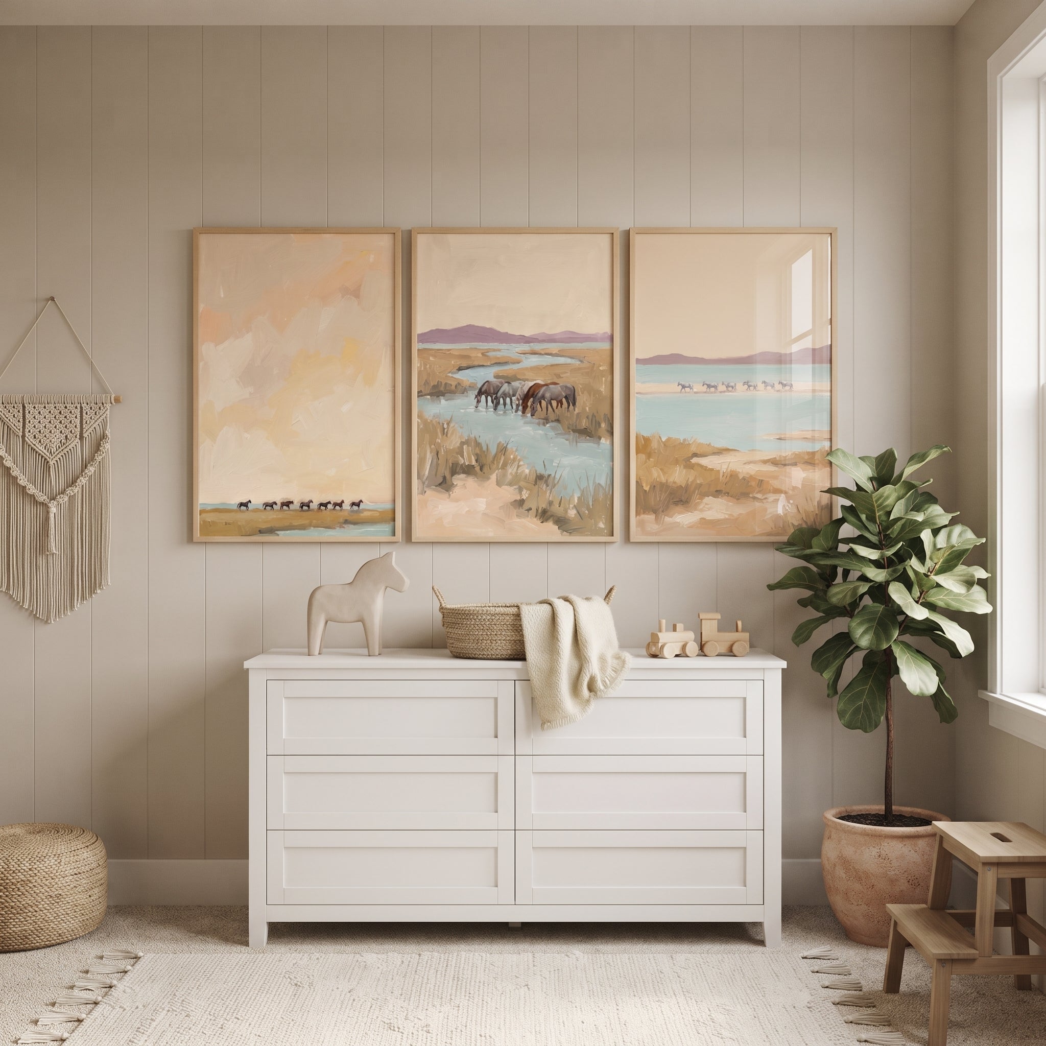 Neutral Tan Coastal Horses Wall Art Set of 3 - Wild River Herd