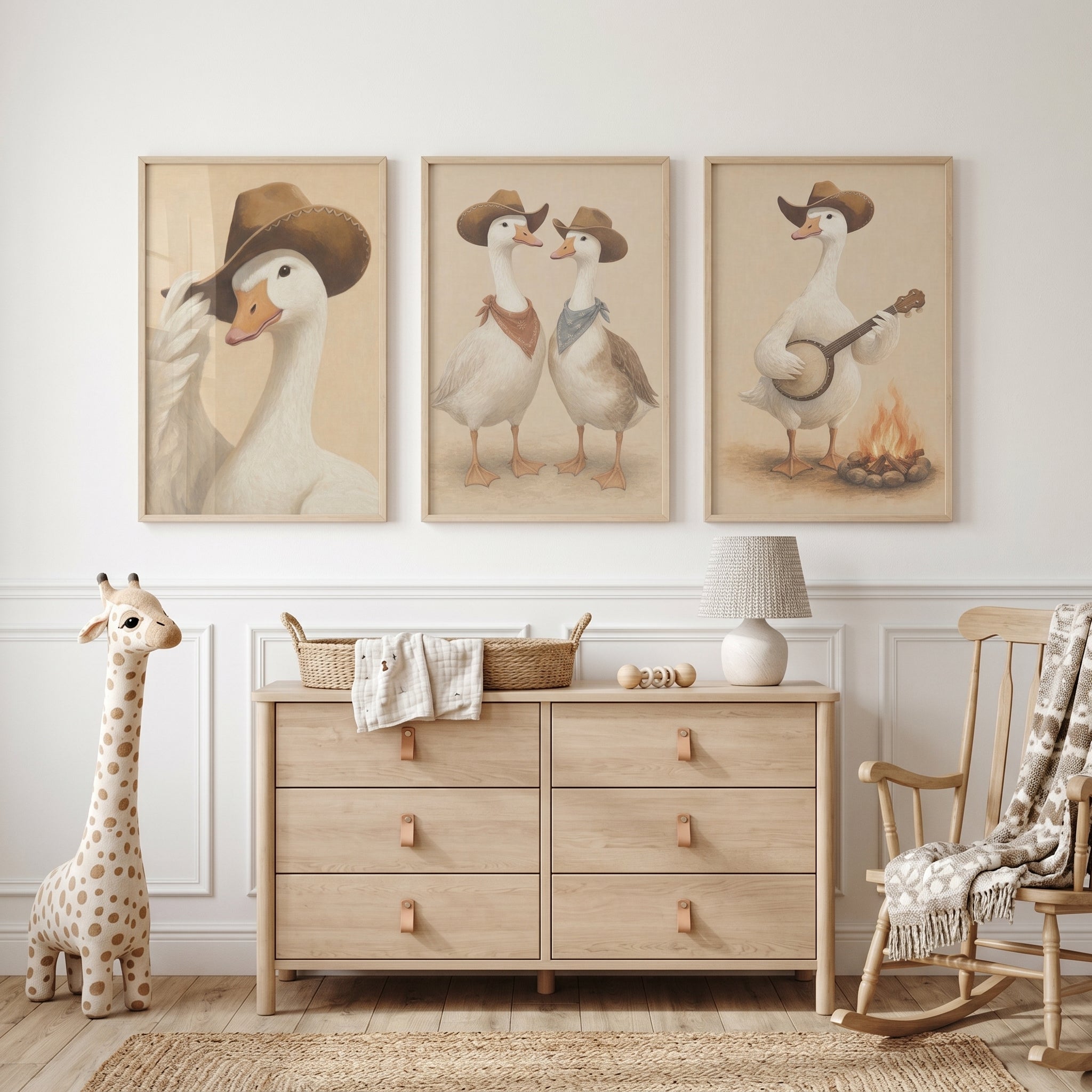 Neutral Tan Cowboy Goose Wall Art Set of 3 - Wild West Wings