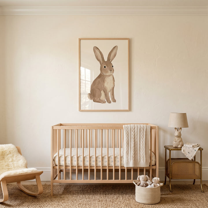 Neutral nursery featuring a wooden crib, rocking chair, and neutral tan sitting rabbit wall art on a cream wall.