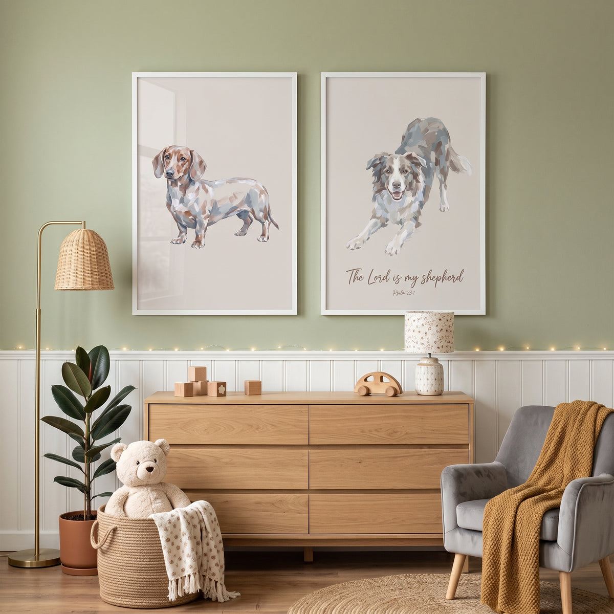 Neutral Tan Watercolor Dog Wall Art Set of 2 - Divine Canine Grace