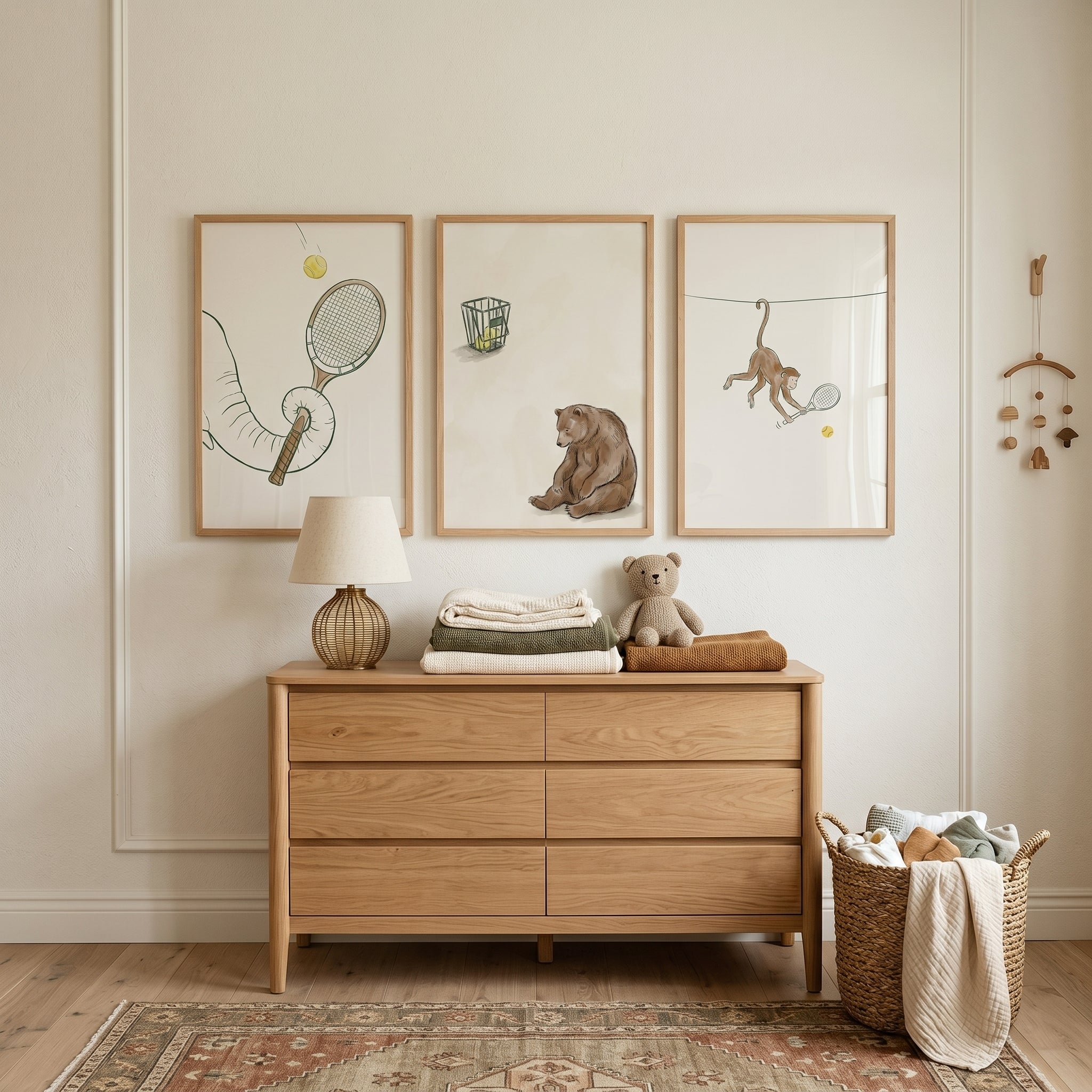 Neutral Tennis Animals Wall Art Set of 3 - Animal Sport Trio