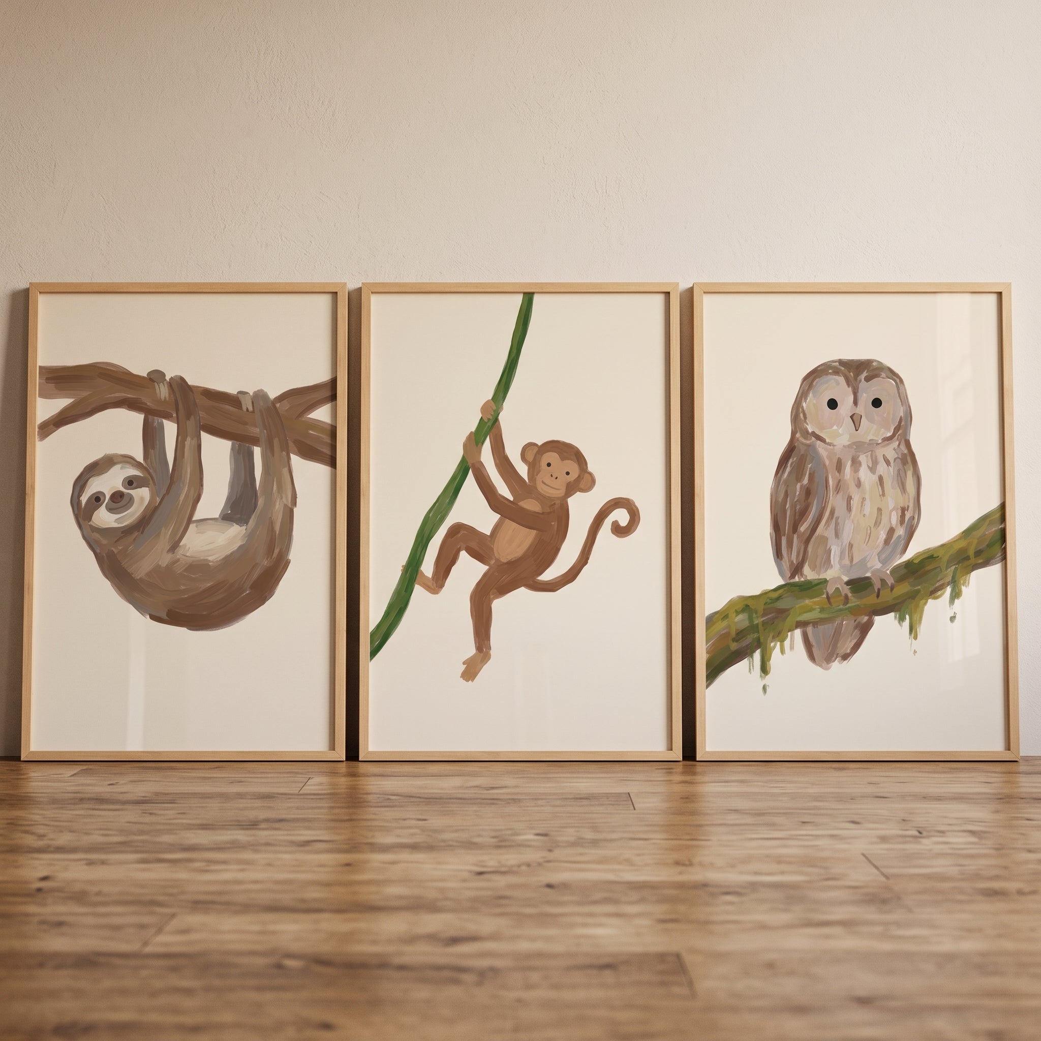 Neutral Textured Brown Animals Wall Art Set of 3 - Jungle Friends Trio