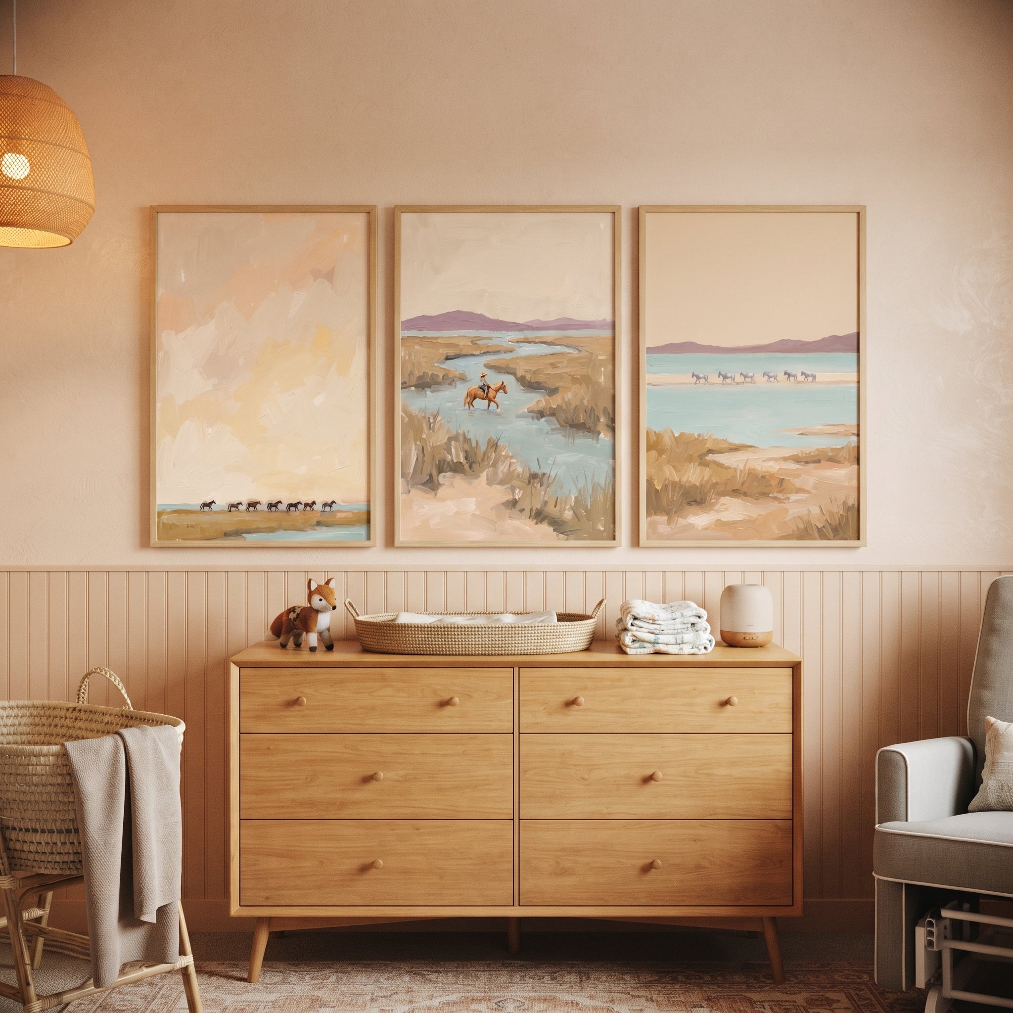 Neutral Textured Coastal Horses Wall Art Set of 3 - Coastal Horse Journey