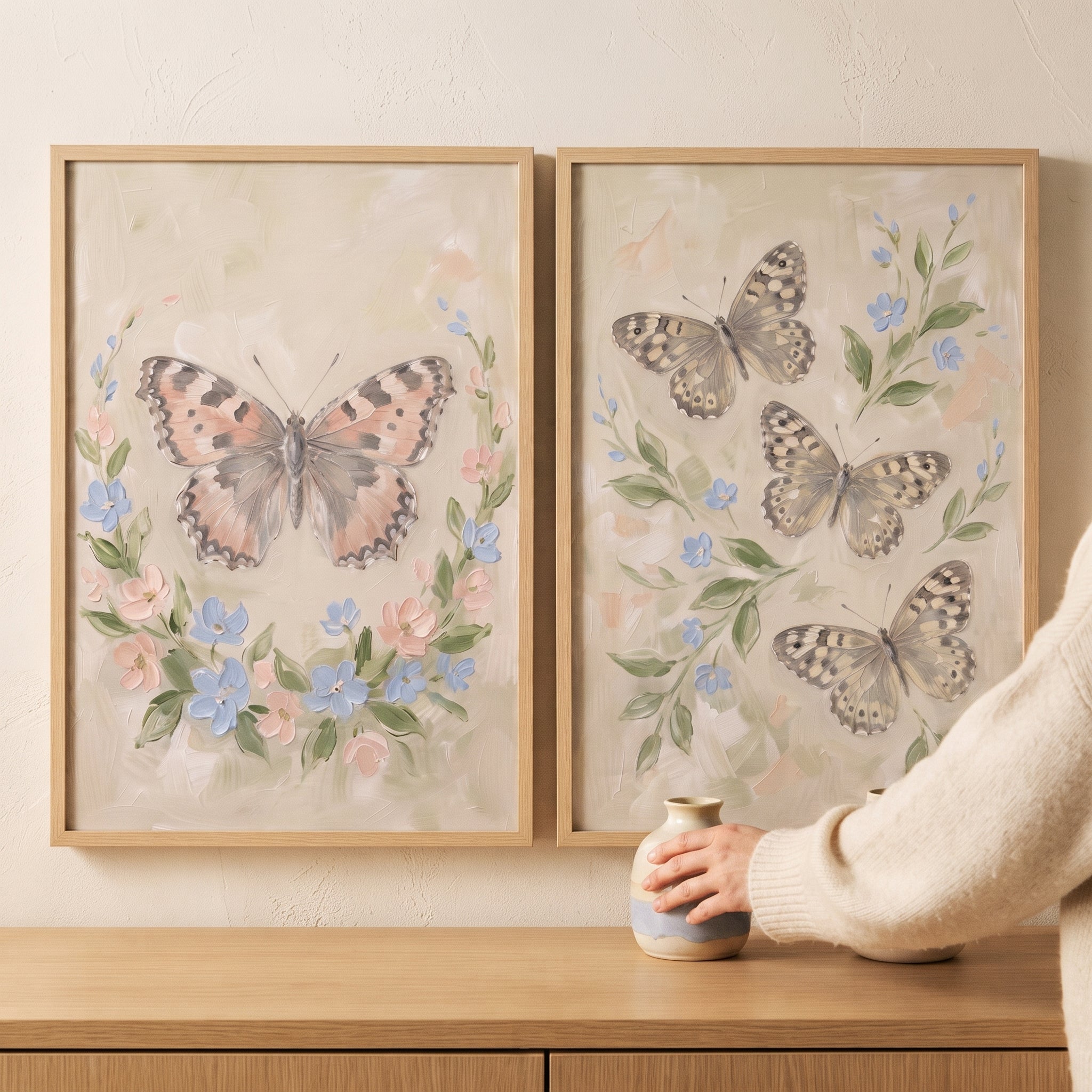 Neutral Textured Garden Butterfly Wall Art Set of 2 - Serene Butterfly Blooms