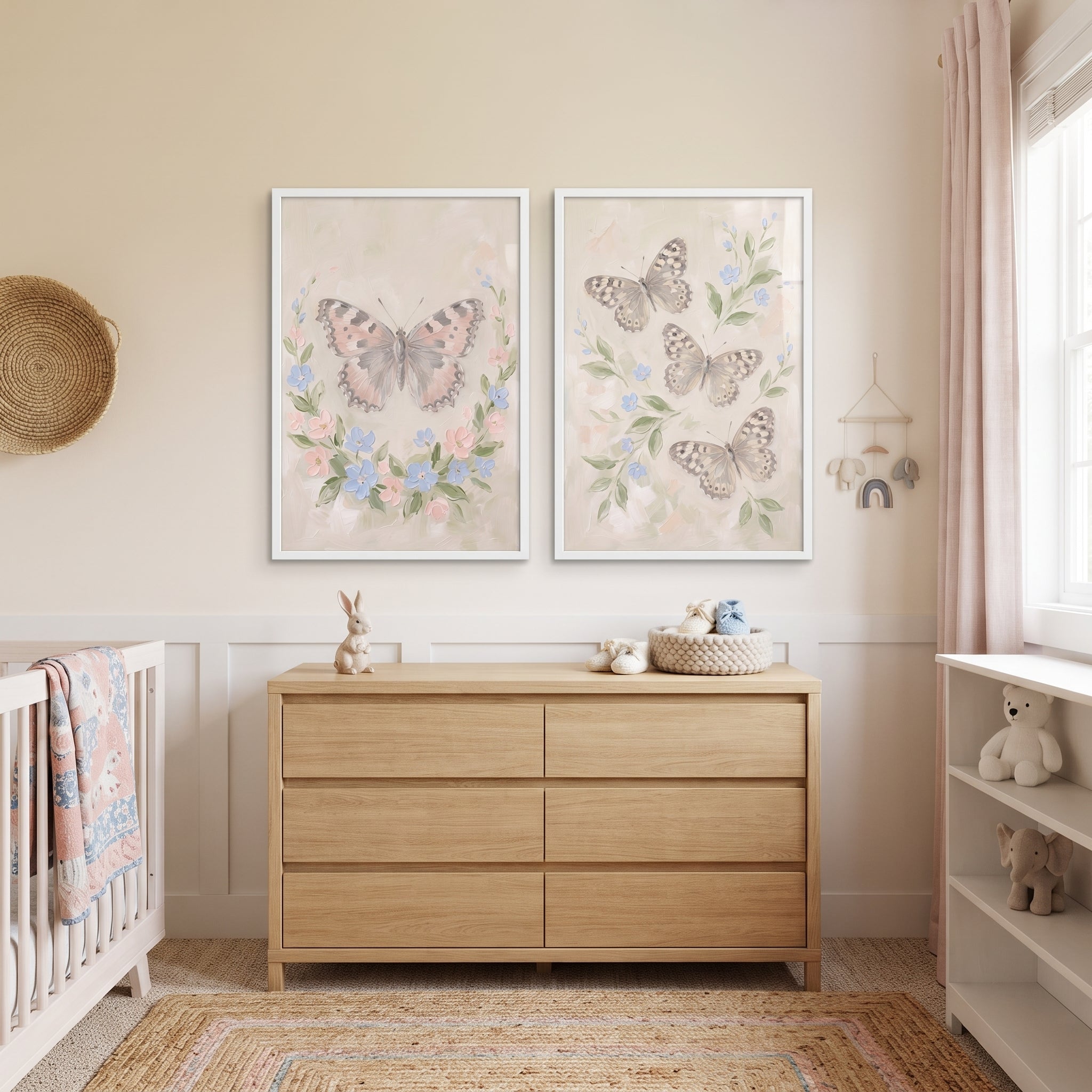Neutral Textured Garden Butterfly Wall Art Set of 2 - Serene Butterfly Blooms
