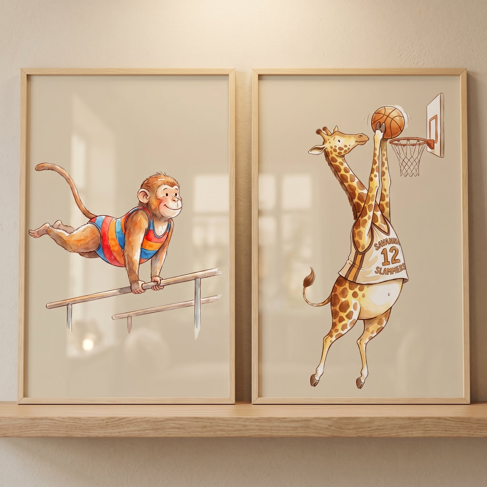 Neutral Tone Athletic Animals Artwork Set of 2 - Savannah Gym Games