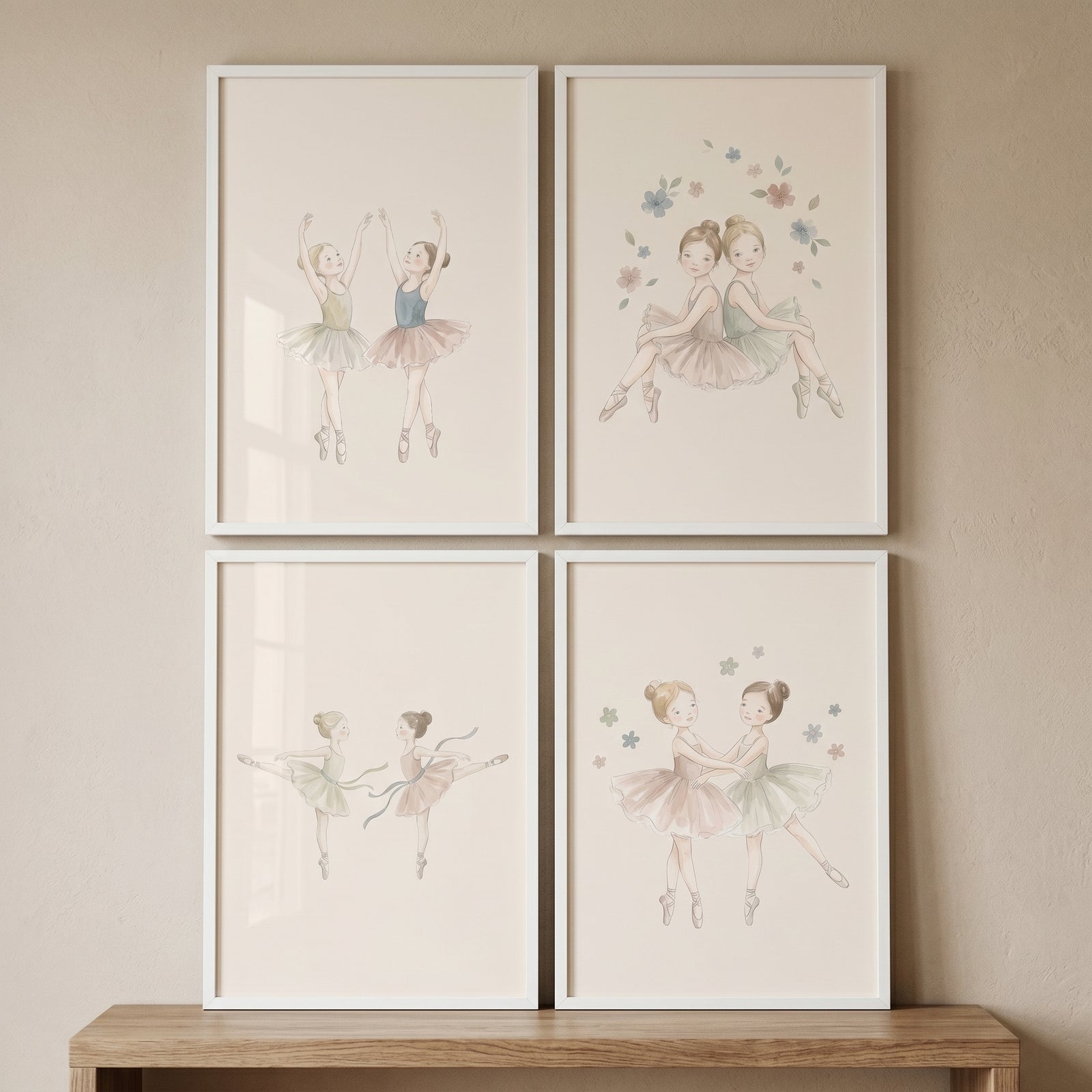 Neutral tone ballerina girls wall art set of 4 features soft illustrations of young dancers in white frames on a wall.