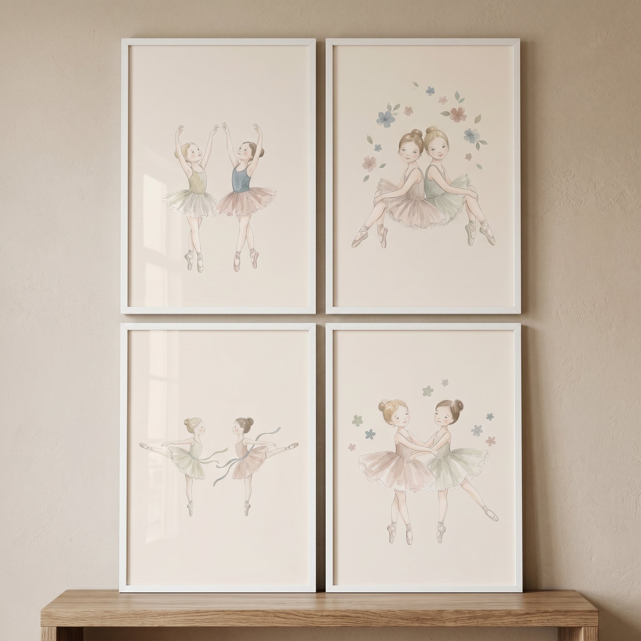 Neutral Tone Ballerina Girls Wall Art Set of 4 - Whimsical Dance Duo