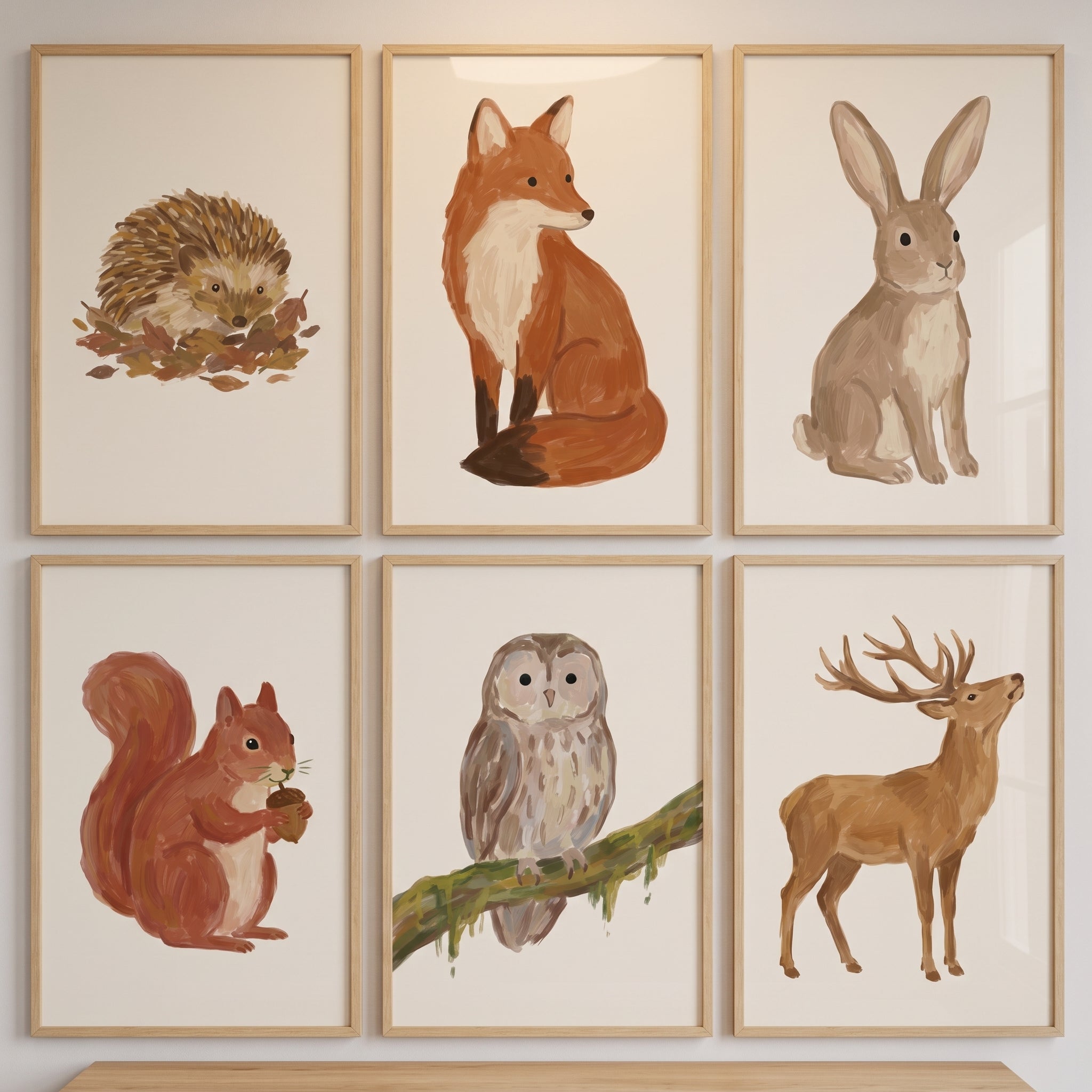 Neutral Tone Forest Animals Artwork Set of 6 - Rustic Animal Portraits