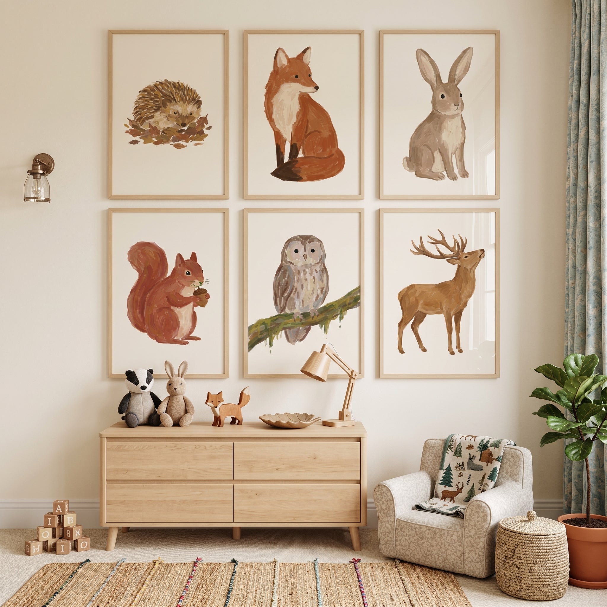Neutral Tone Forest Animals Artwork Set of 6 - Rustic Animal Portraits