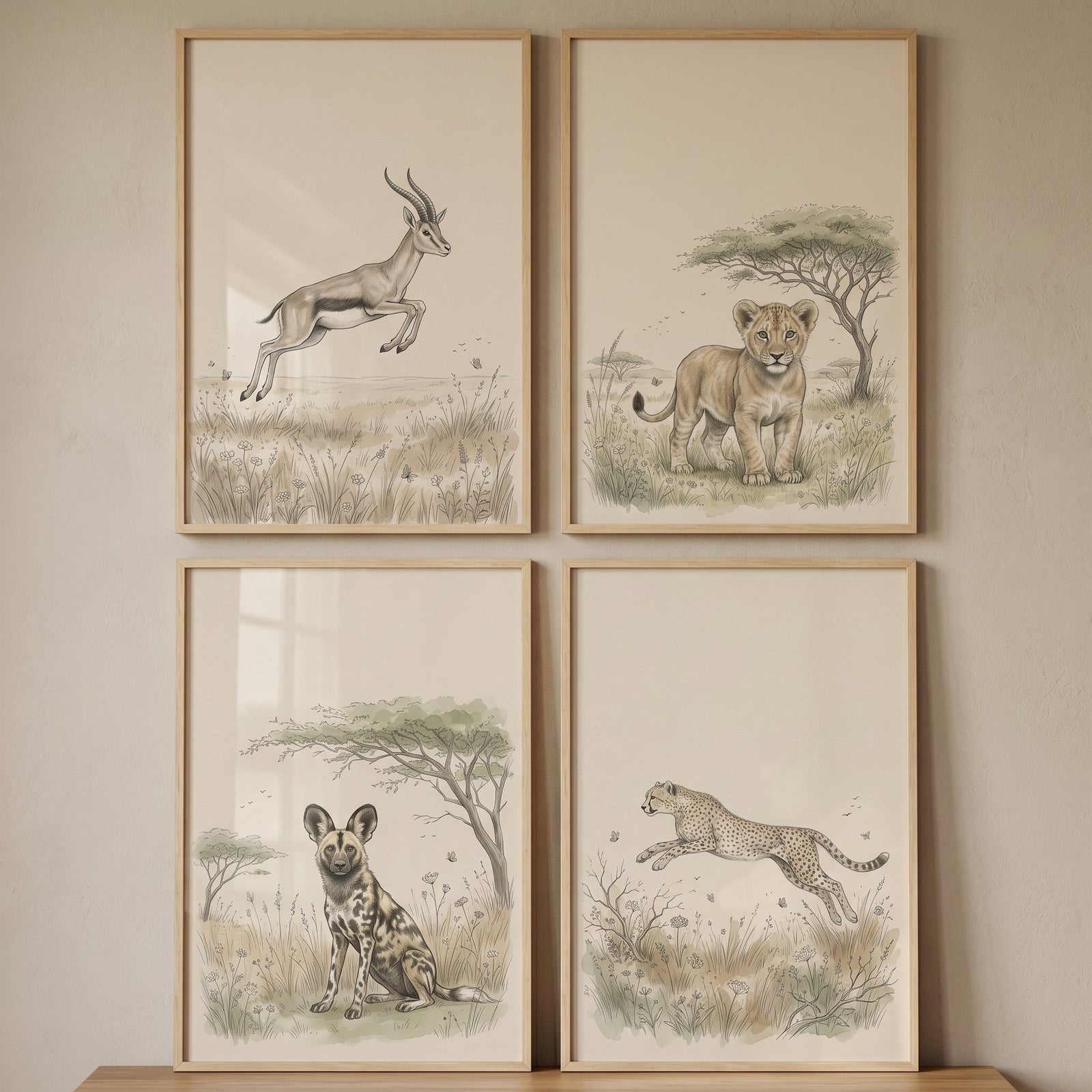 Neutral tone safari animal wall art set of 4 featuring a gazelle, lion cub, African wild dog, and leaping cheetah.