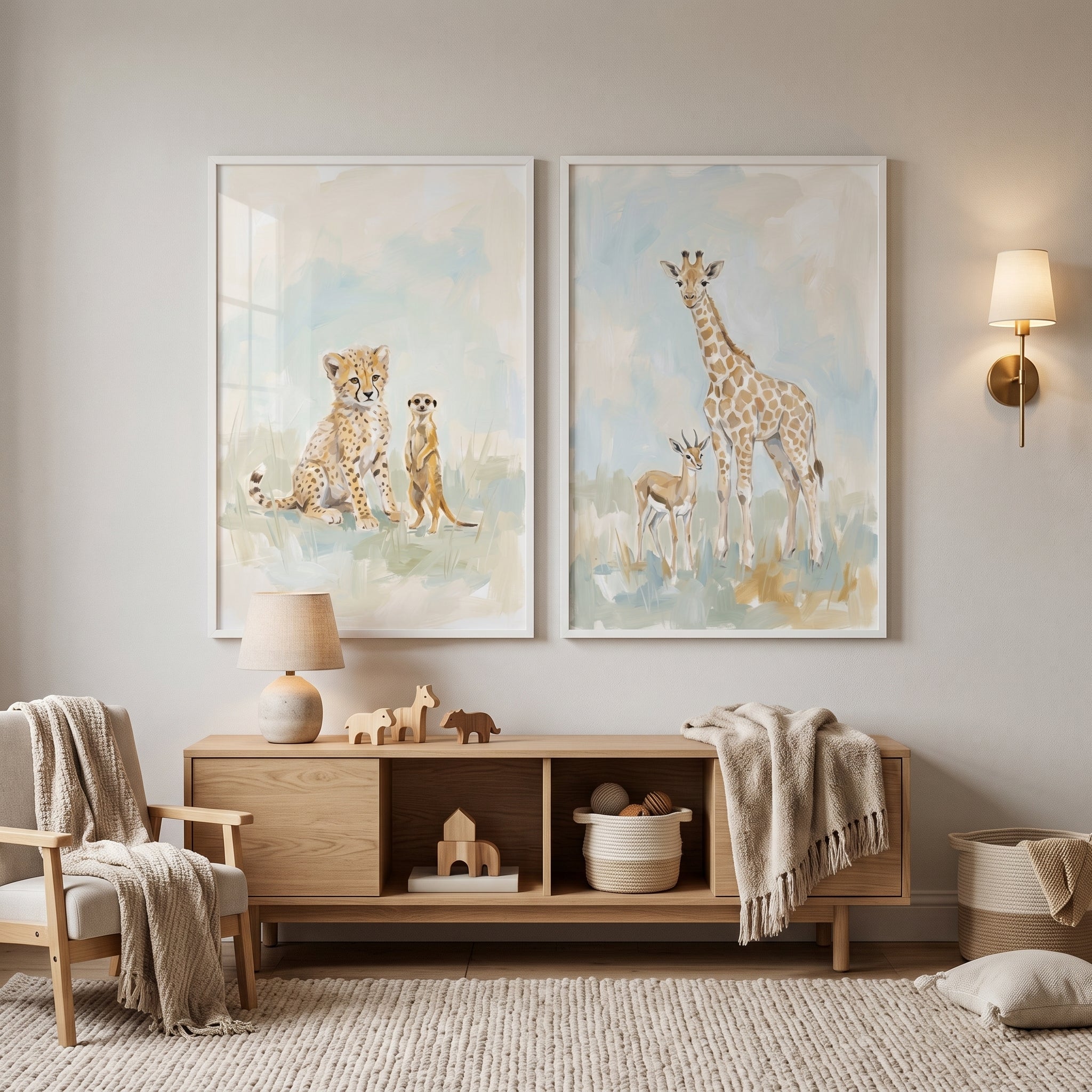 Neutral Tone Safari Animals Artwork Set Of 2 - Savanna Safari Friends