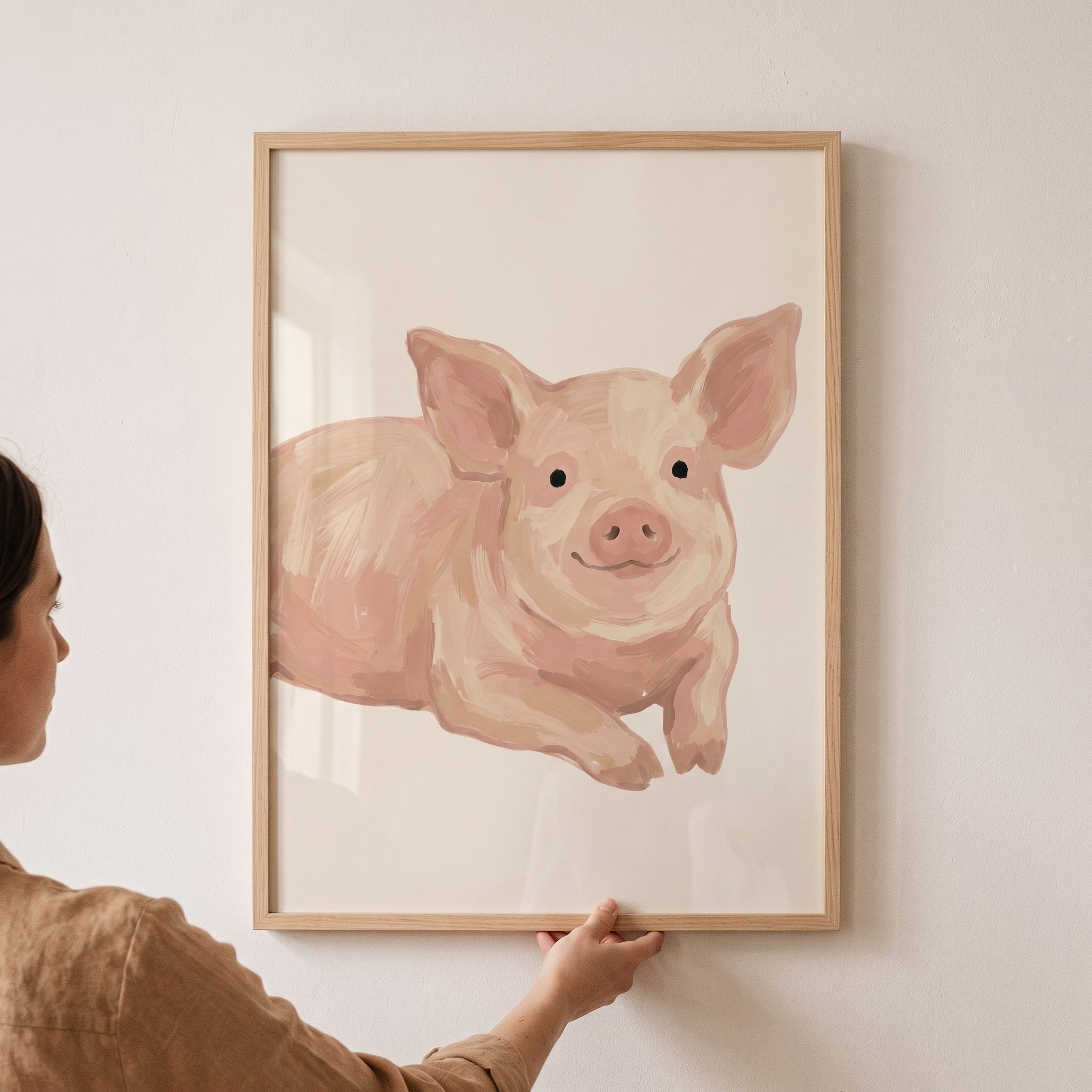 Neutral Tone Smiling Pig Wall Art - Sweet Smiling Piglet