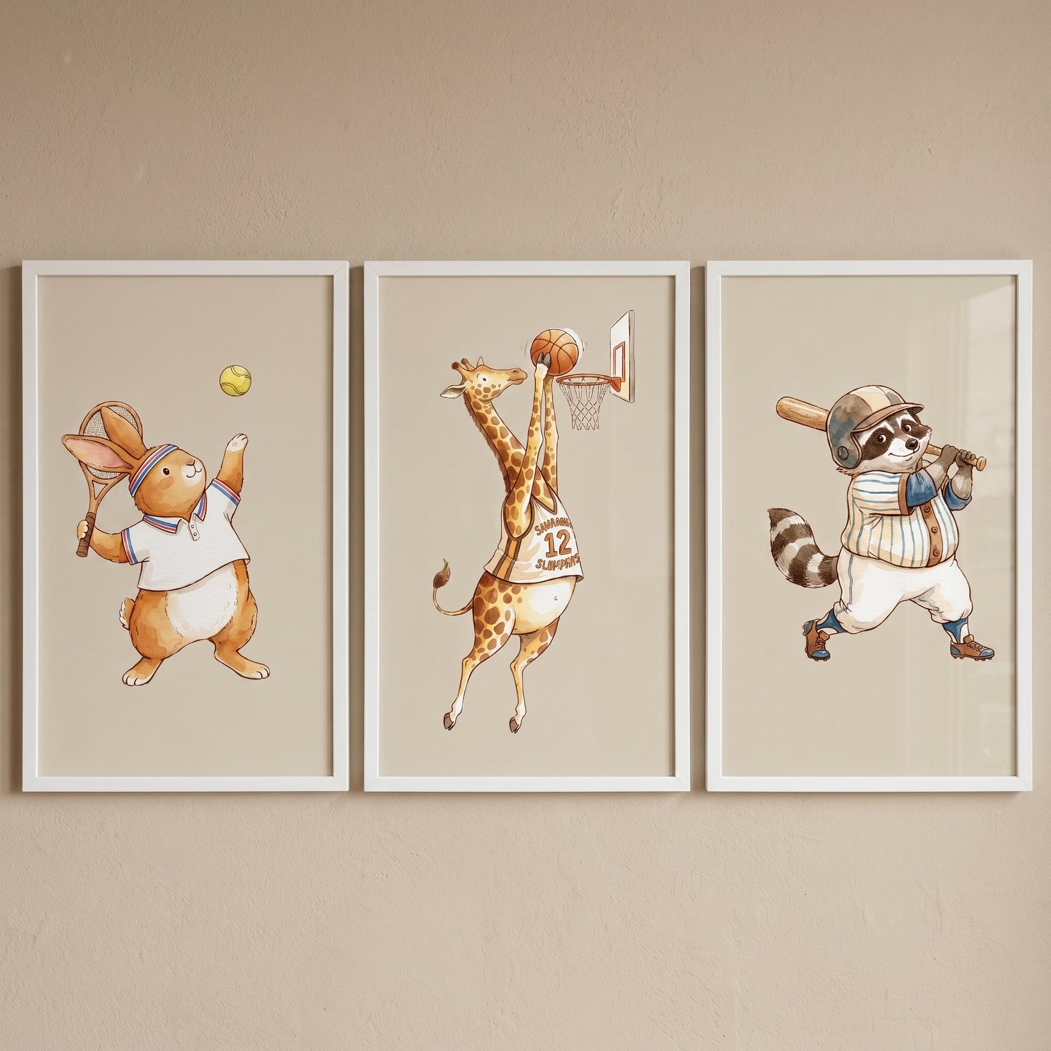 Neutral Tone Sports Animals Wall Art Set of 3 - Playful Animal Athletes