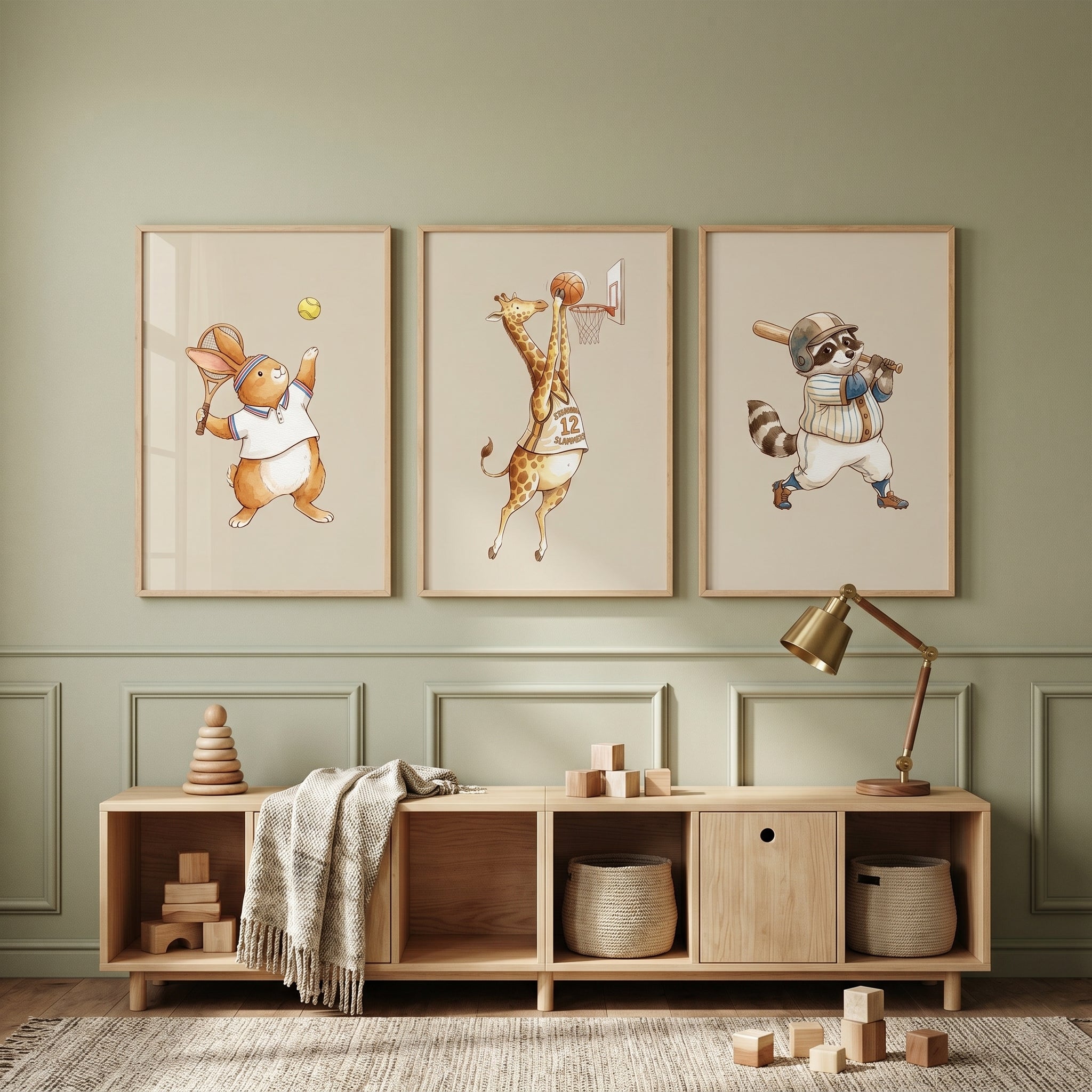 Neutral Tone Sports Animals Wall Art Set of 3 - Playful Animal Athletes