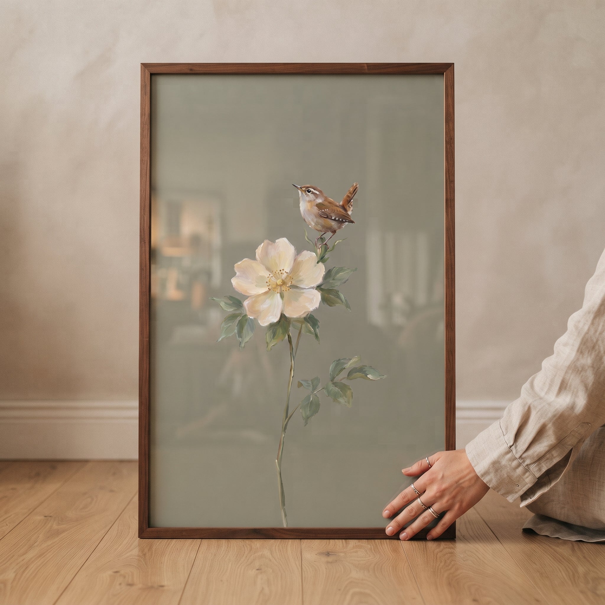 Neutral Toned Botanical Bird Wall Art - Wild Rose Perch