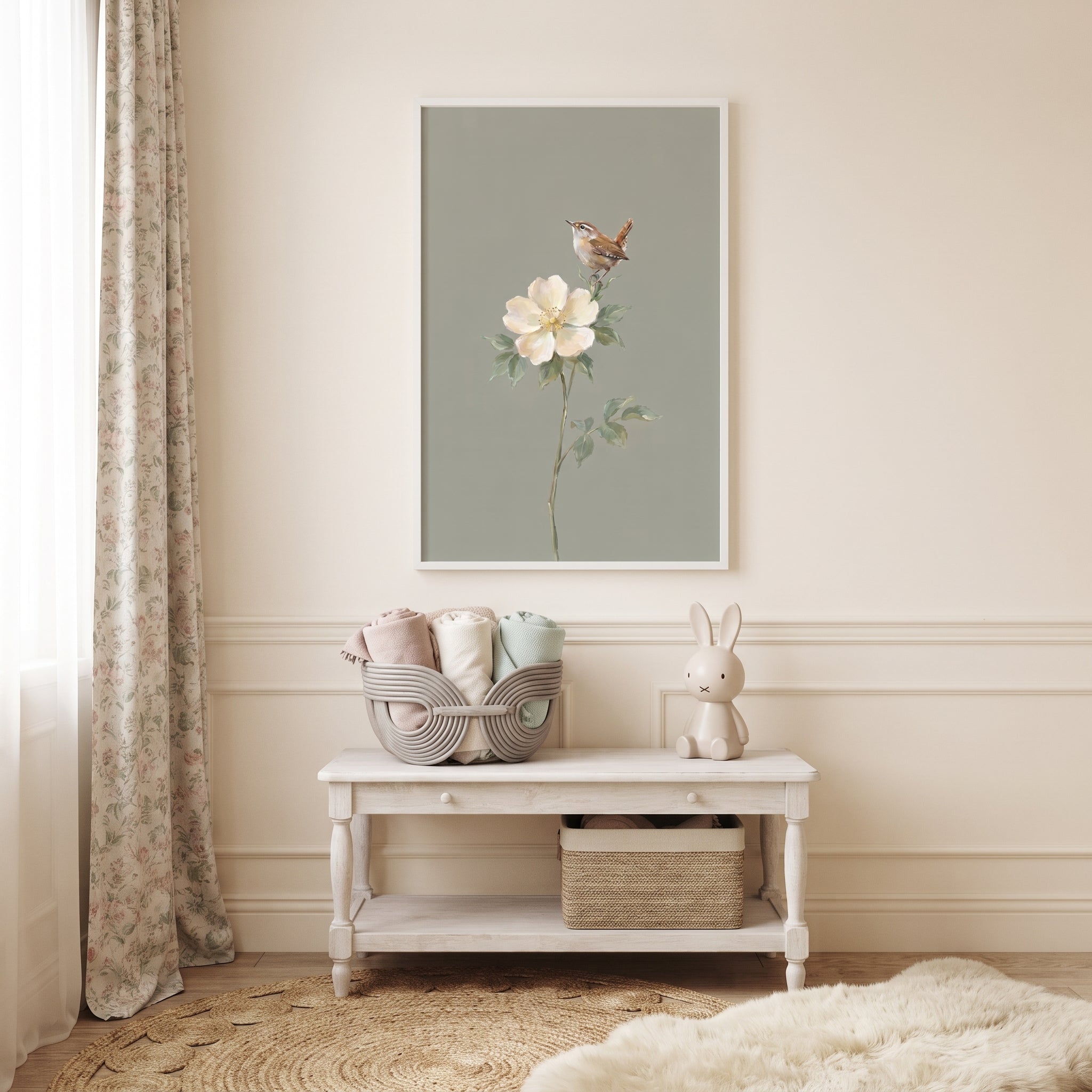 Neutral Toned Botanical Bird Wall Art - Wild Rose Perch