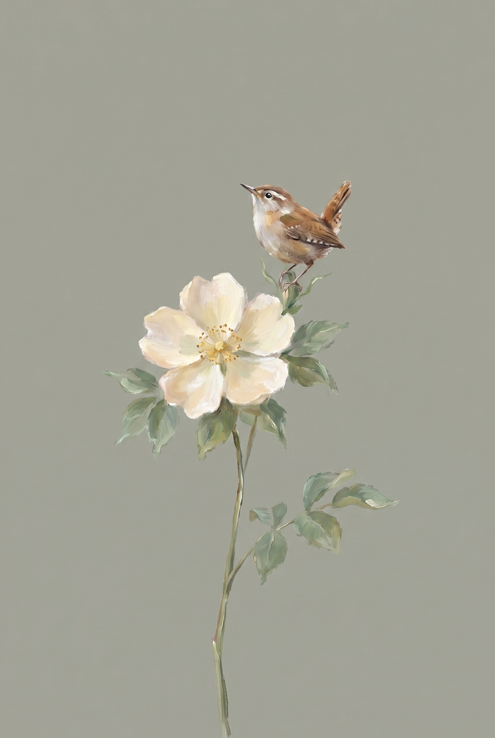 Neutral toned botanical bird wall art with a brown wren perched on a white flower against a grey background.