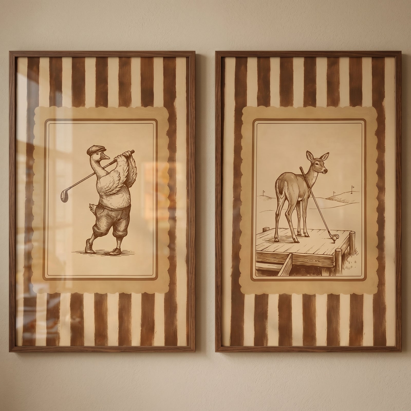 Neutral toned golfing animals wall art set of 2 with framed sepia drawings of a goose and a deer playing golf.