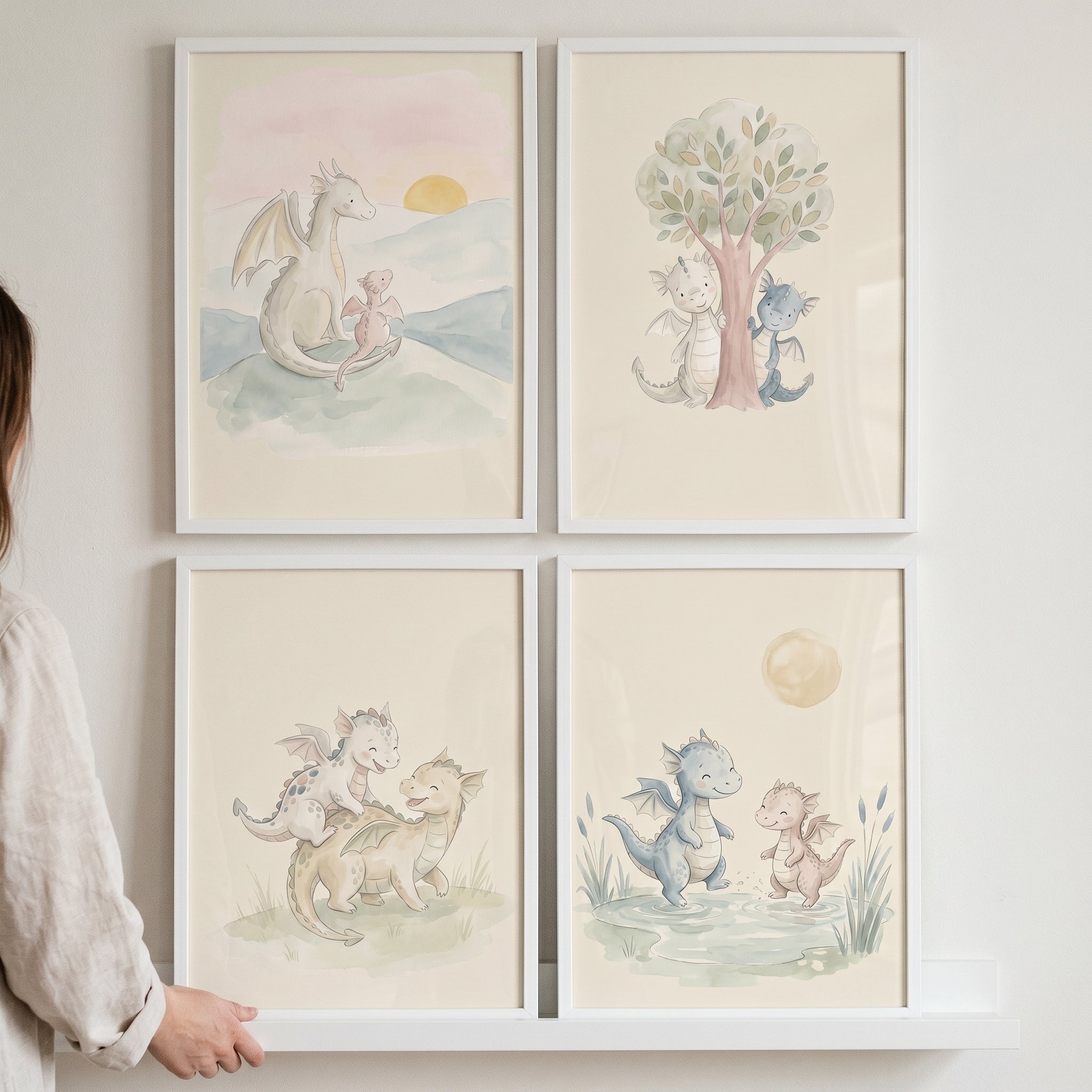 Neutral Tones Baby Dragons Wall Art Set of 4 - Whimsical Little Dragons