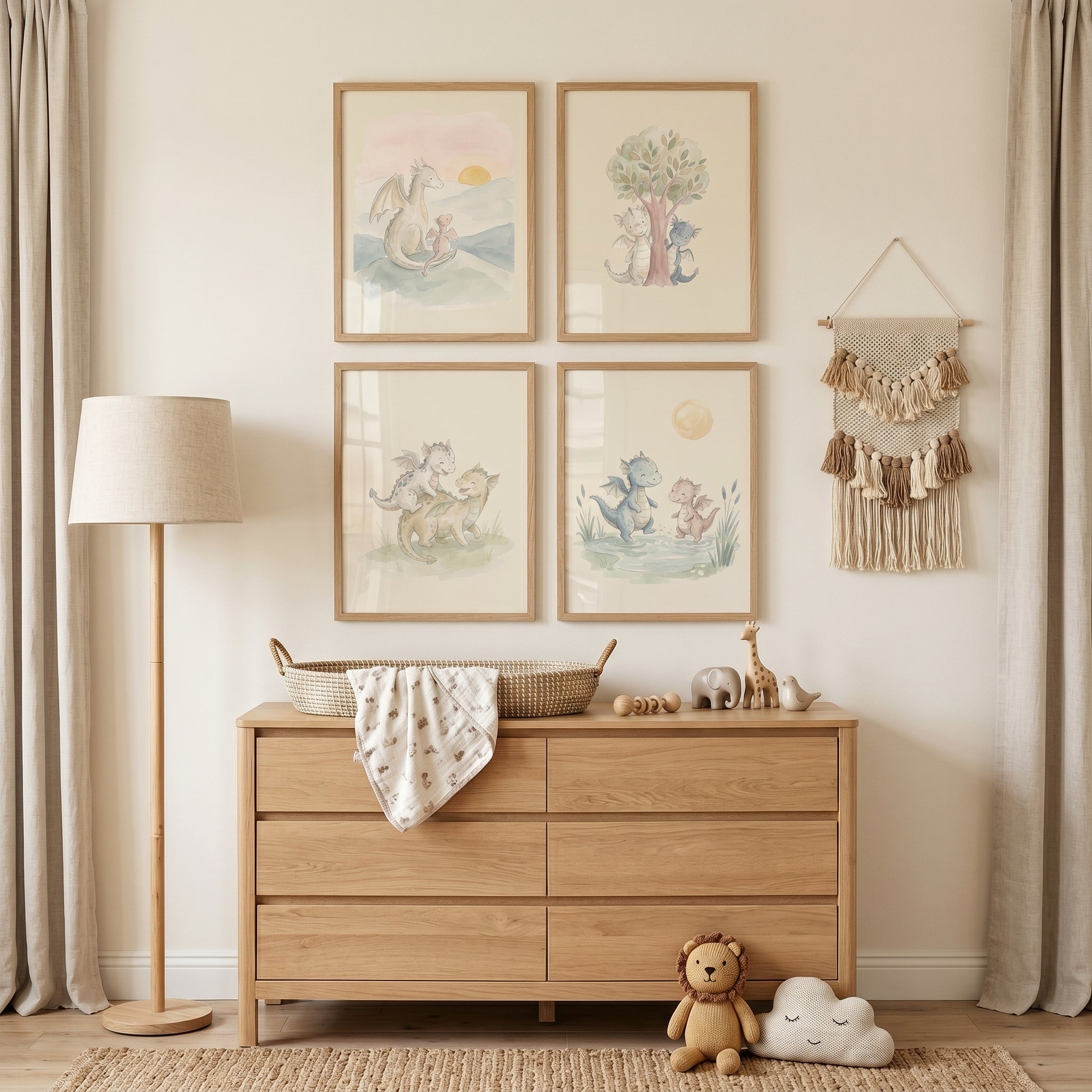 Neutral Tones Baby Dragons Wall Art Set of 4 - Whimsical Little Dragons