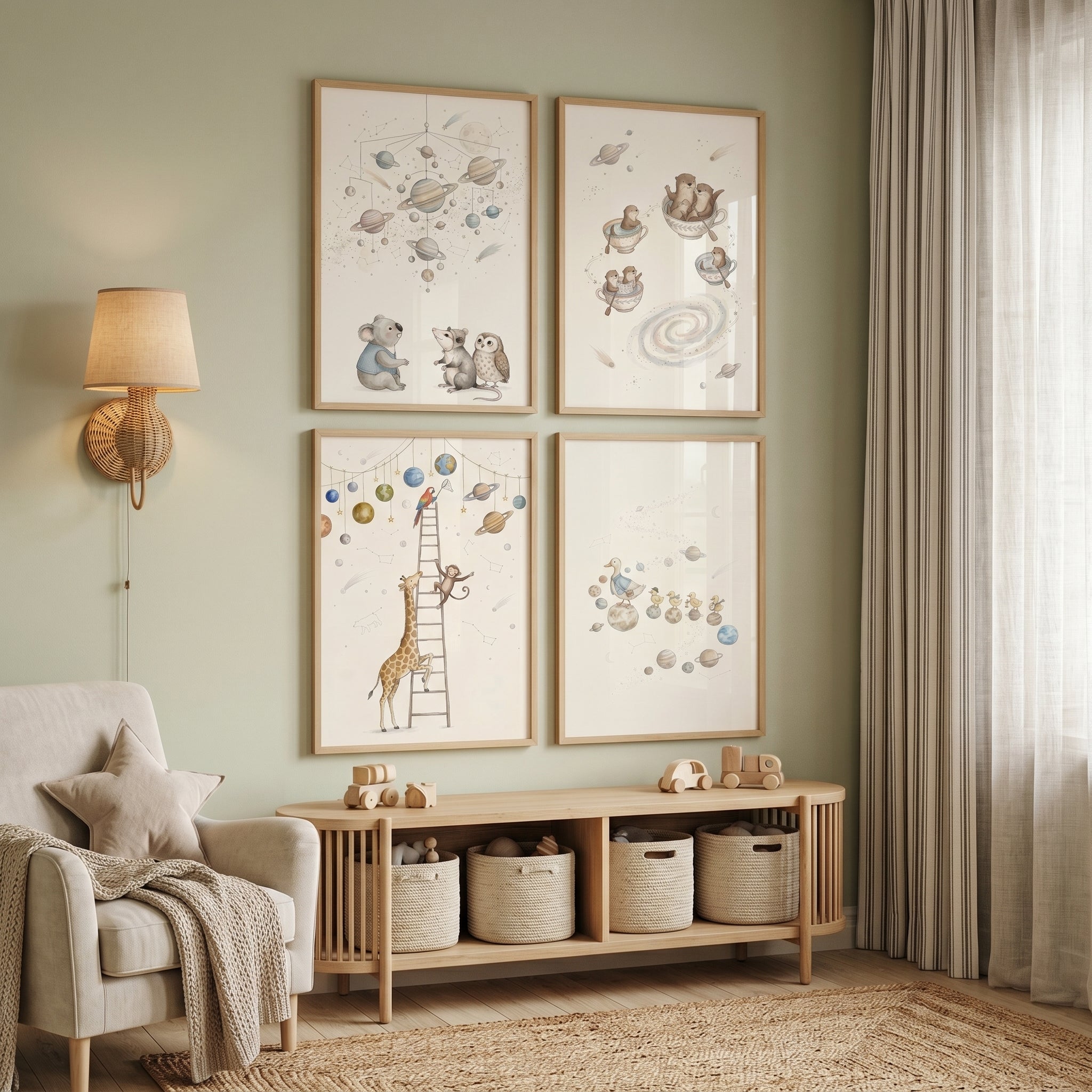 Neutral Tones Celestial Animal Wall Art Set of 4 - Whimsical Space Dreams