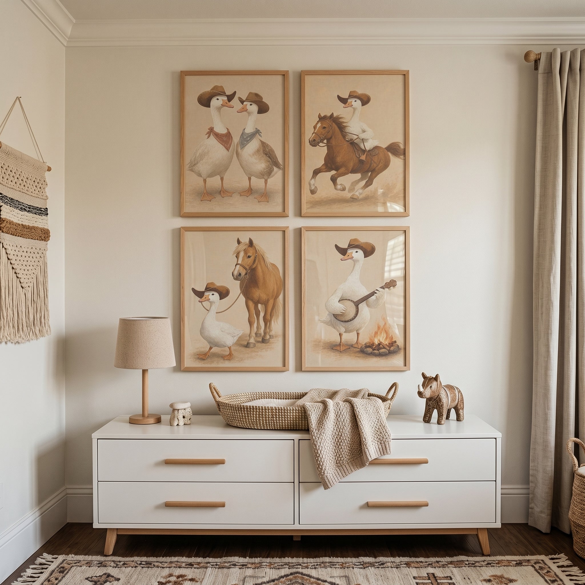 Neutral Tones Cowboy Goose Wall Art Set of 4 - Wild West Quacks