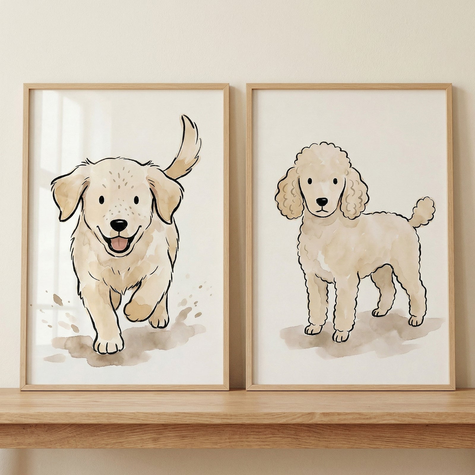 Two vertical light wood frames sit side-by-side on a wooden shelf against a plain, neutral wall. Each frame contains a minimalist watercolor illustration of a dog on an off-white background. 