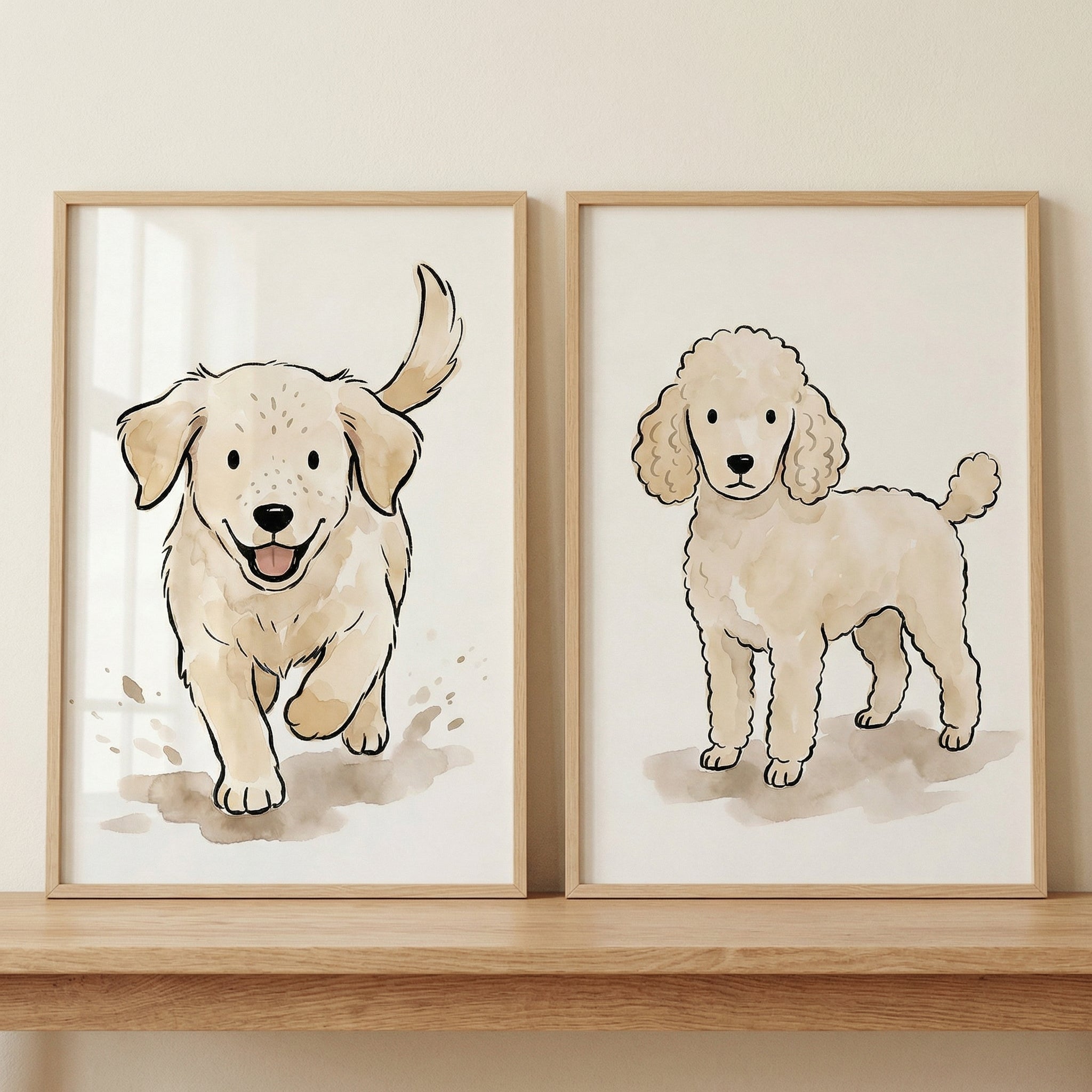 Neutral Tones Illustrative Puppy Print Set of 2 - Watercolor Dog Duo
