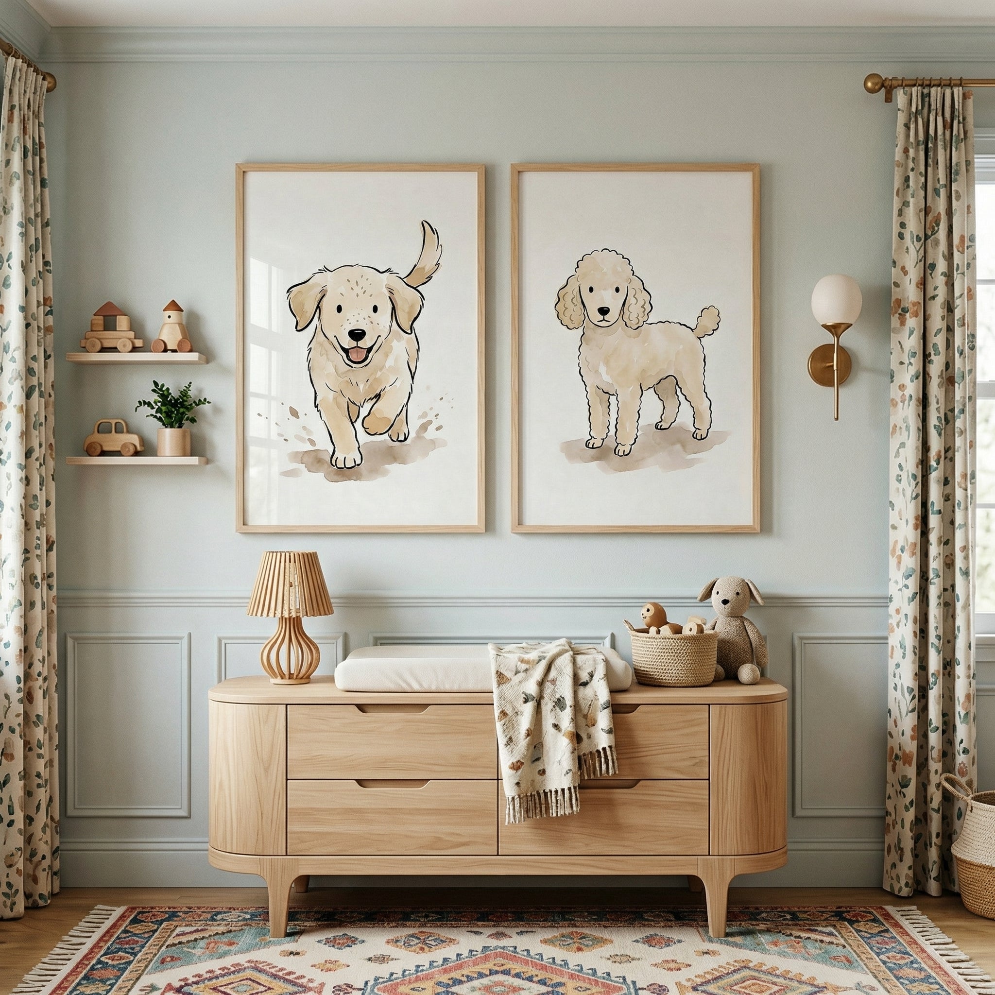 Neutral Tones Illustrative Puppy Print Set of 2 - Watercolor Dog Duo