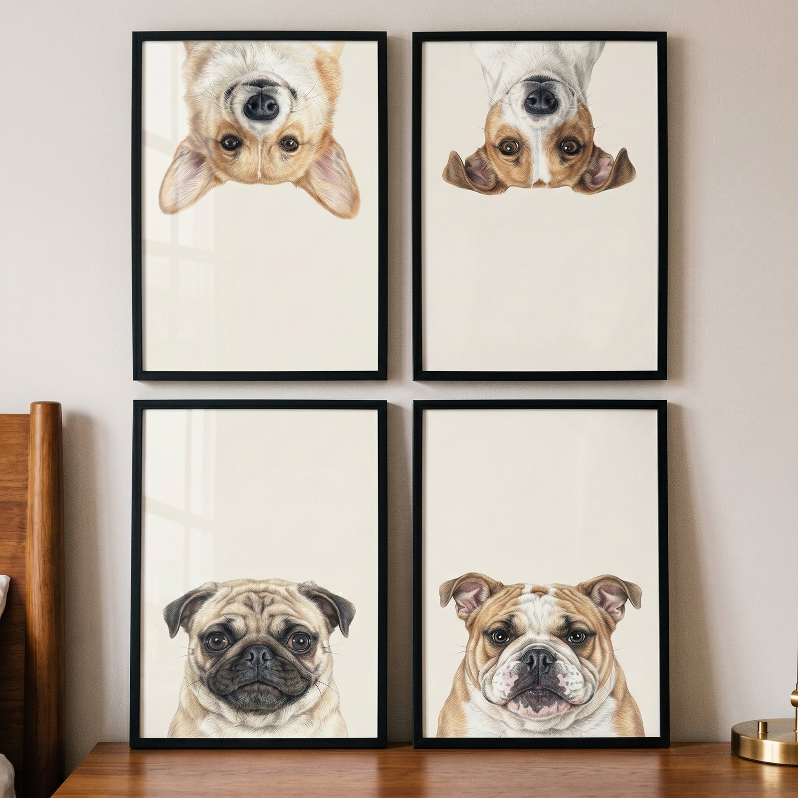Neutral tones pet dog wall art set of 4 featuring dog illustrations, with the top two faces positioned upside down.