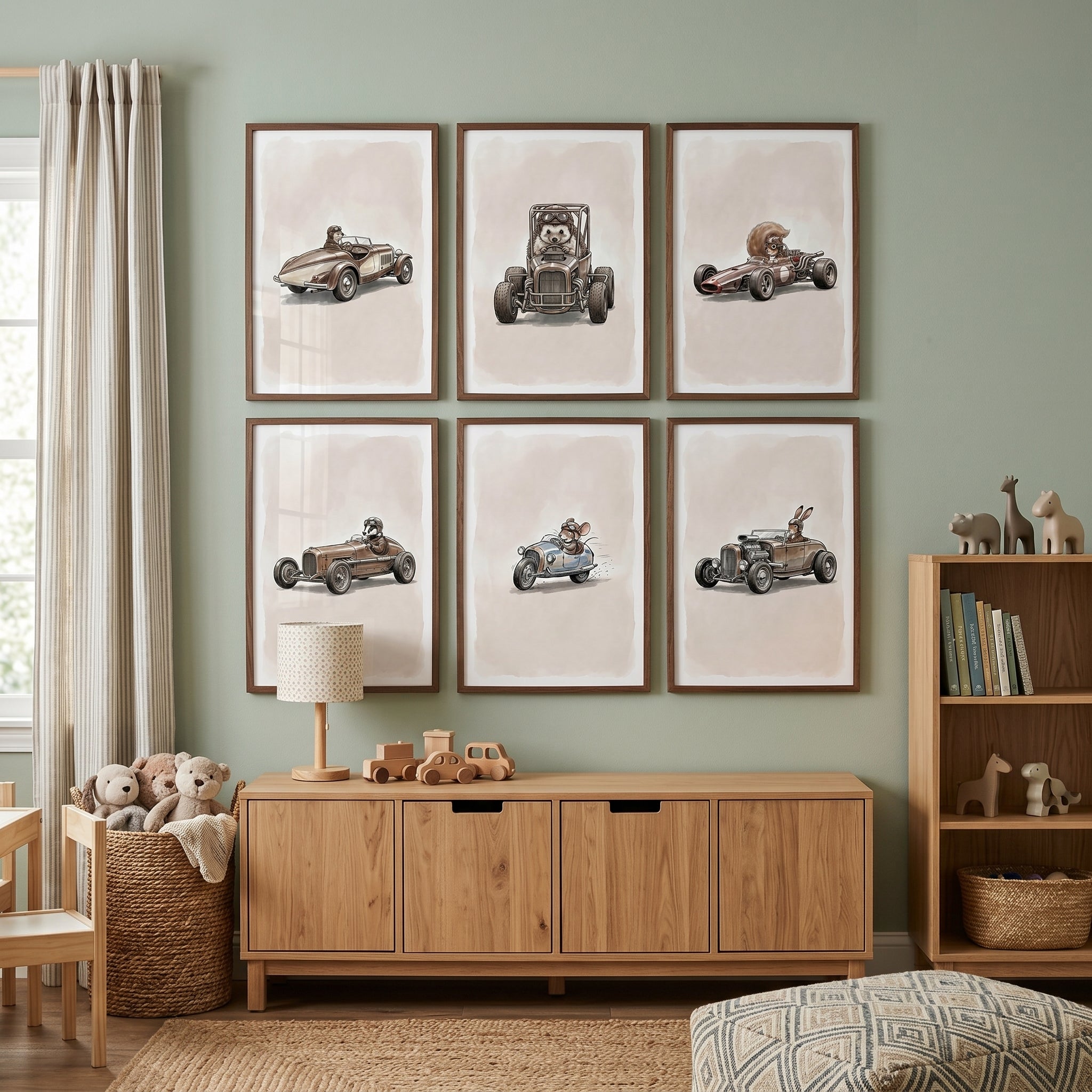 Neutral Tones Racing Animal Wall Art Set of 6 - Fast Forest Critters