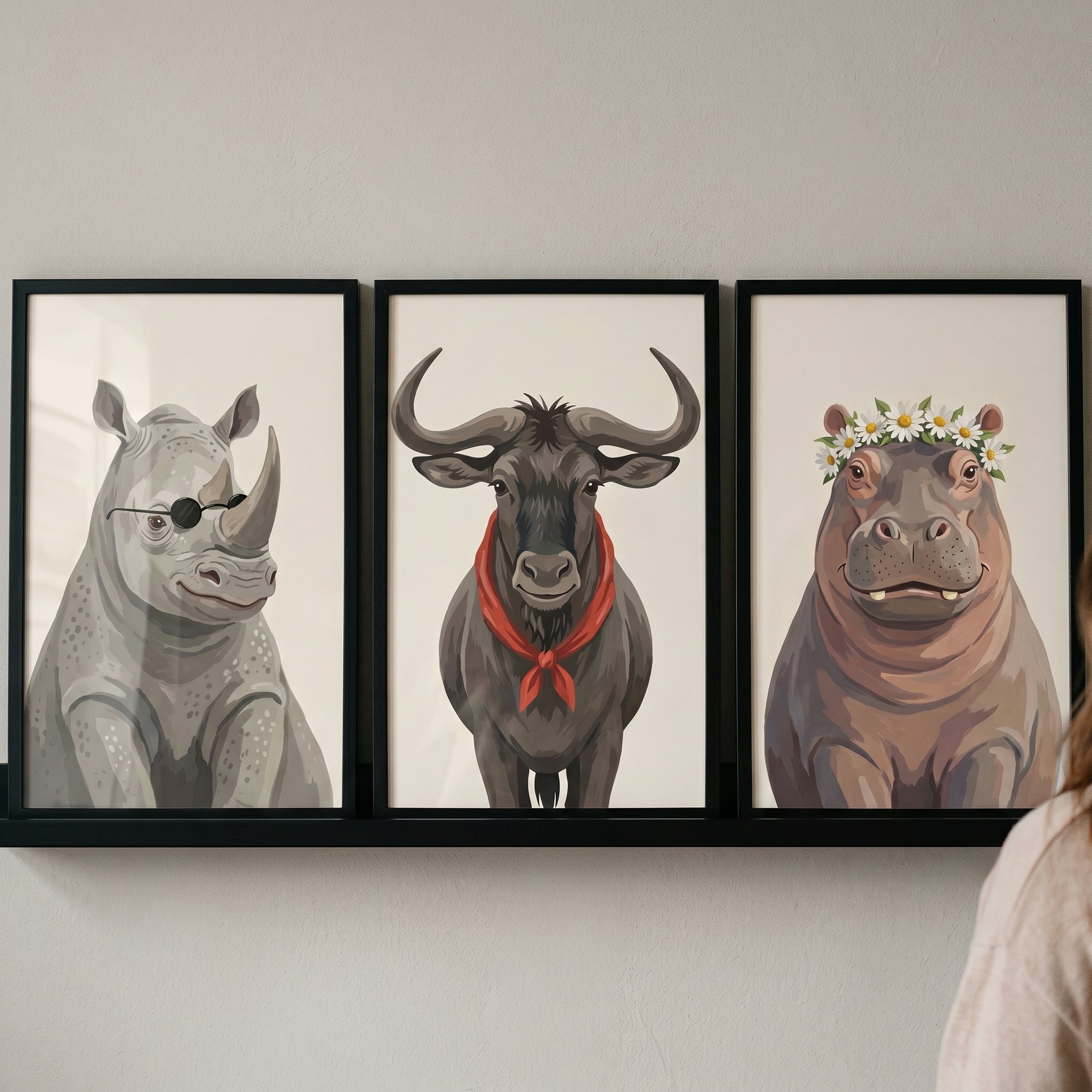 Neutral Tones Safari Animals Wall Art Set of 3 - Quirky Safari Trio