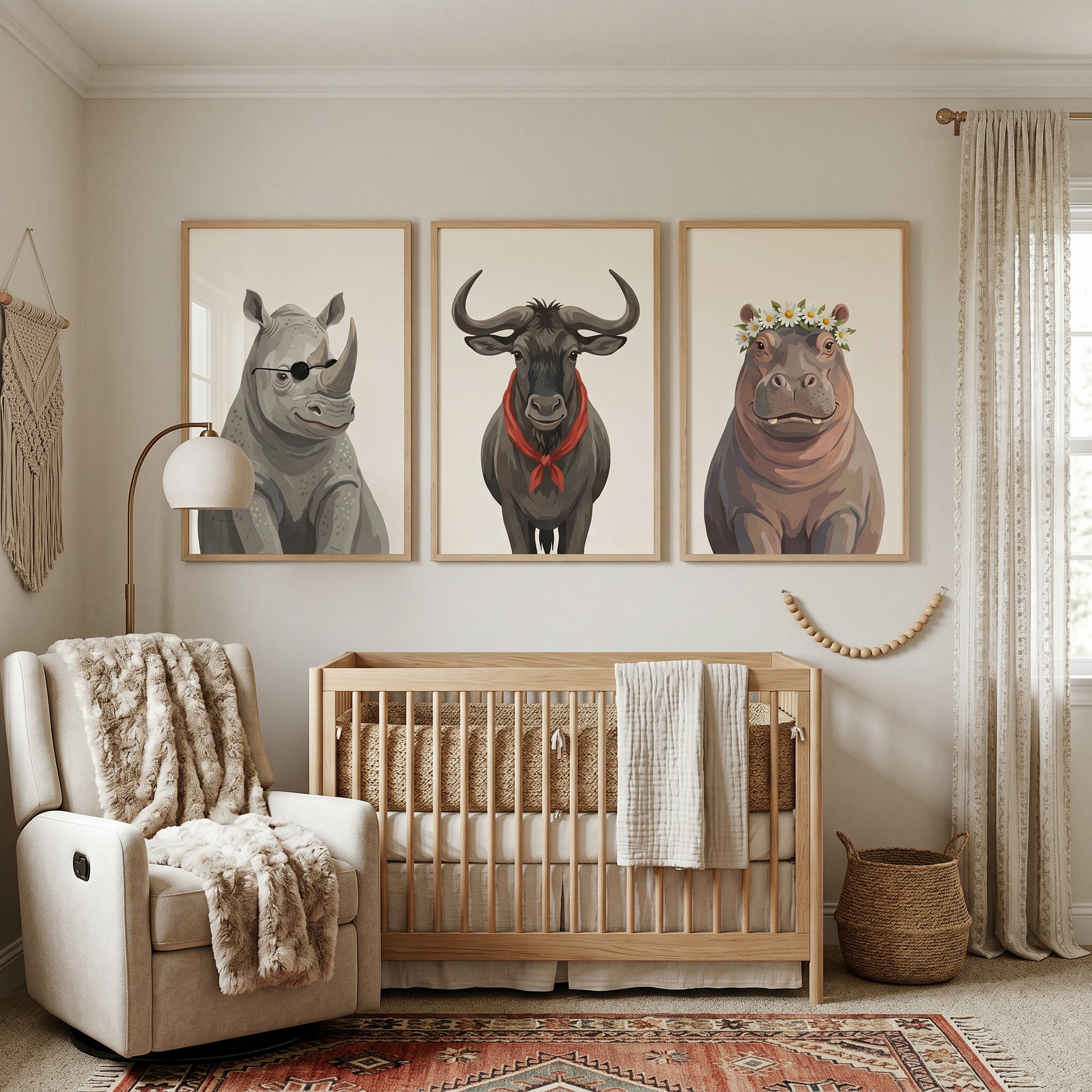 Neutral Tones Safari Animals Wall Art Set of 3 - Quirky Safari Trio
