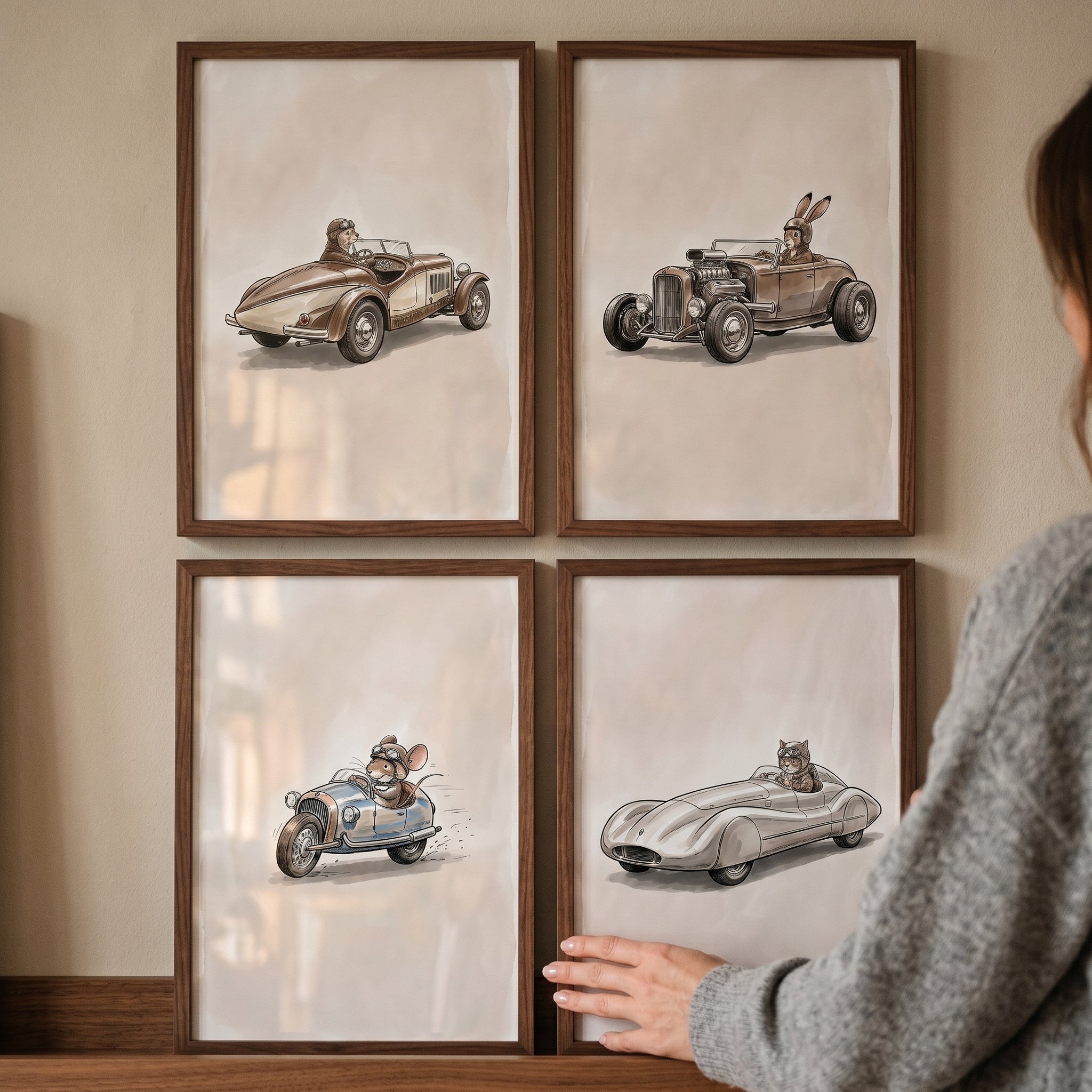Neutral Vintage Animal Racing Car Wall Art Set of 4 - Whimsical Speedster Squad
