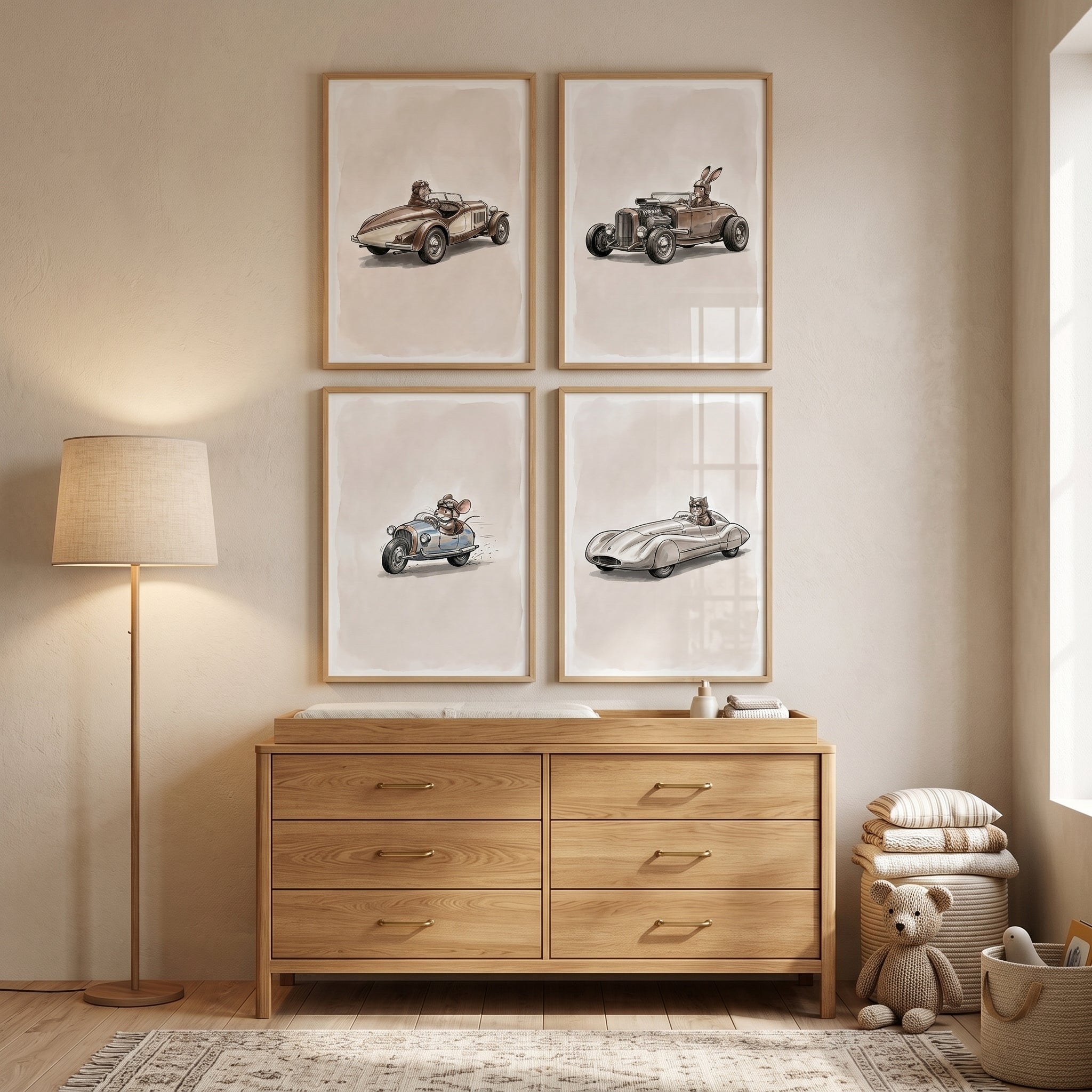 Neutral Vintage Animal Racing Car Wall Art Set of 4 - Whimsical Speedster Squad