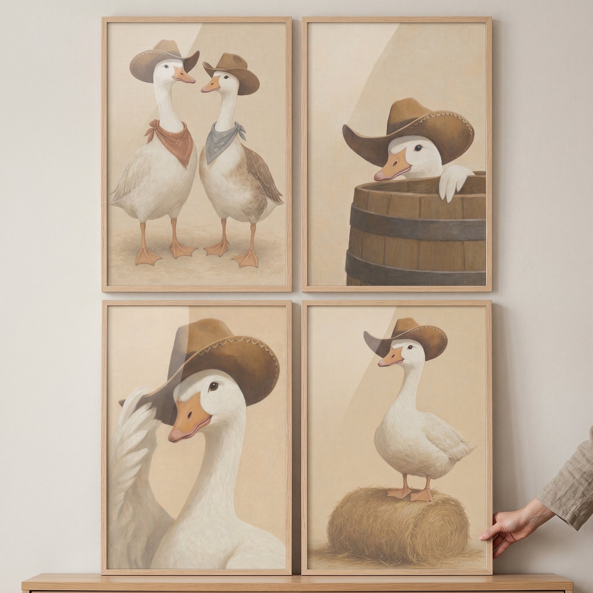 Neutral Vintage Cowboy Goose Wall Art Set of 4 - Western Waddle