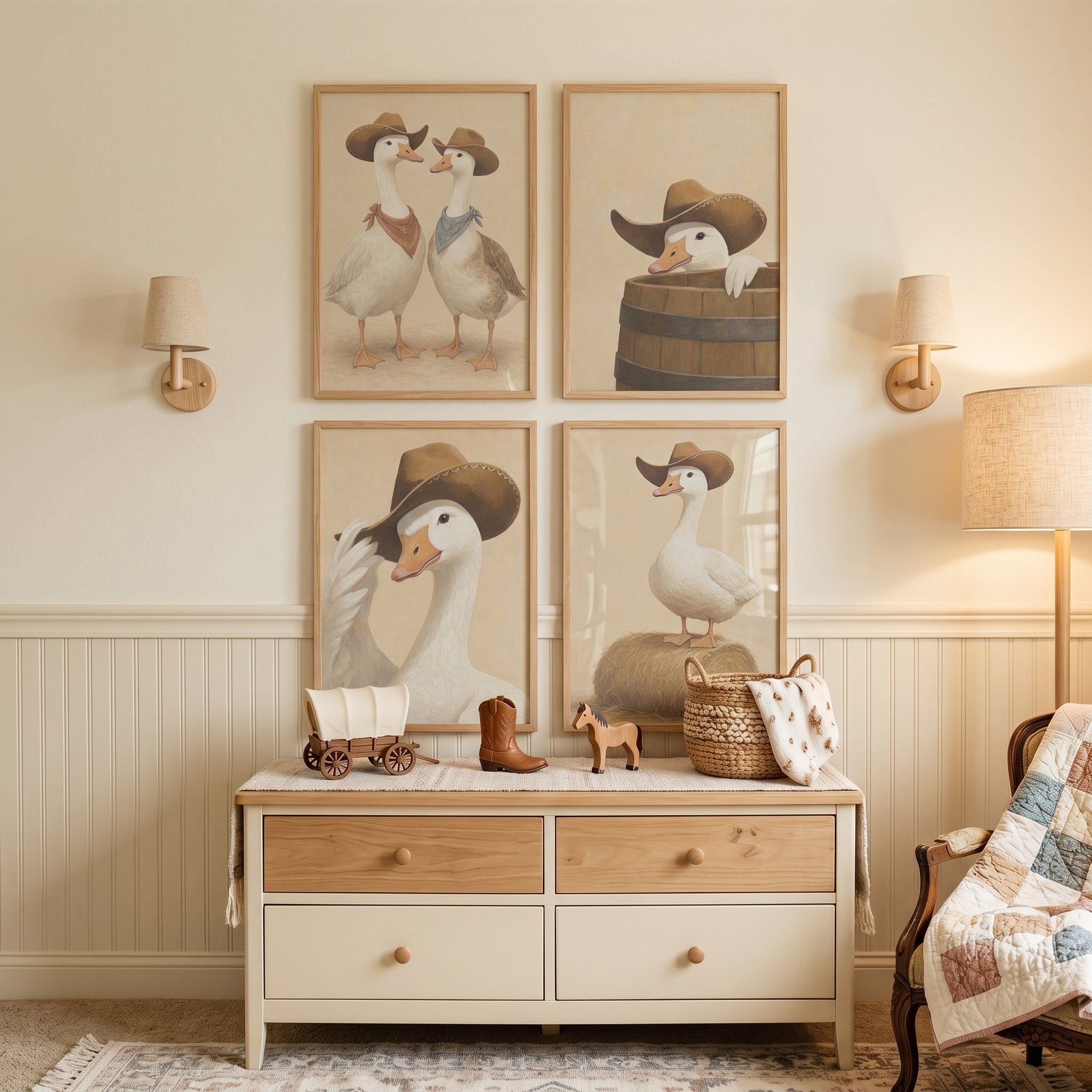 Neutral Vintage Cowboy Goose Wall Art Set of 4 - Western Waddle