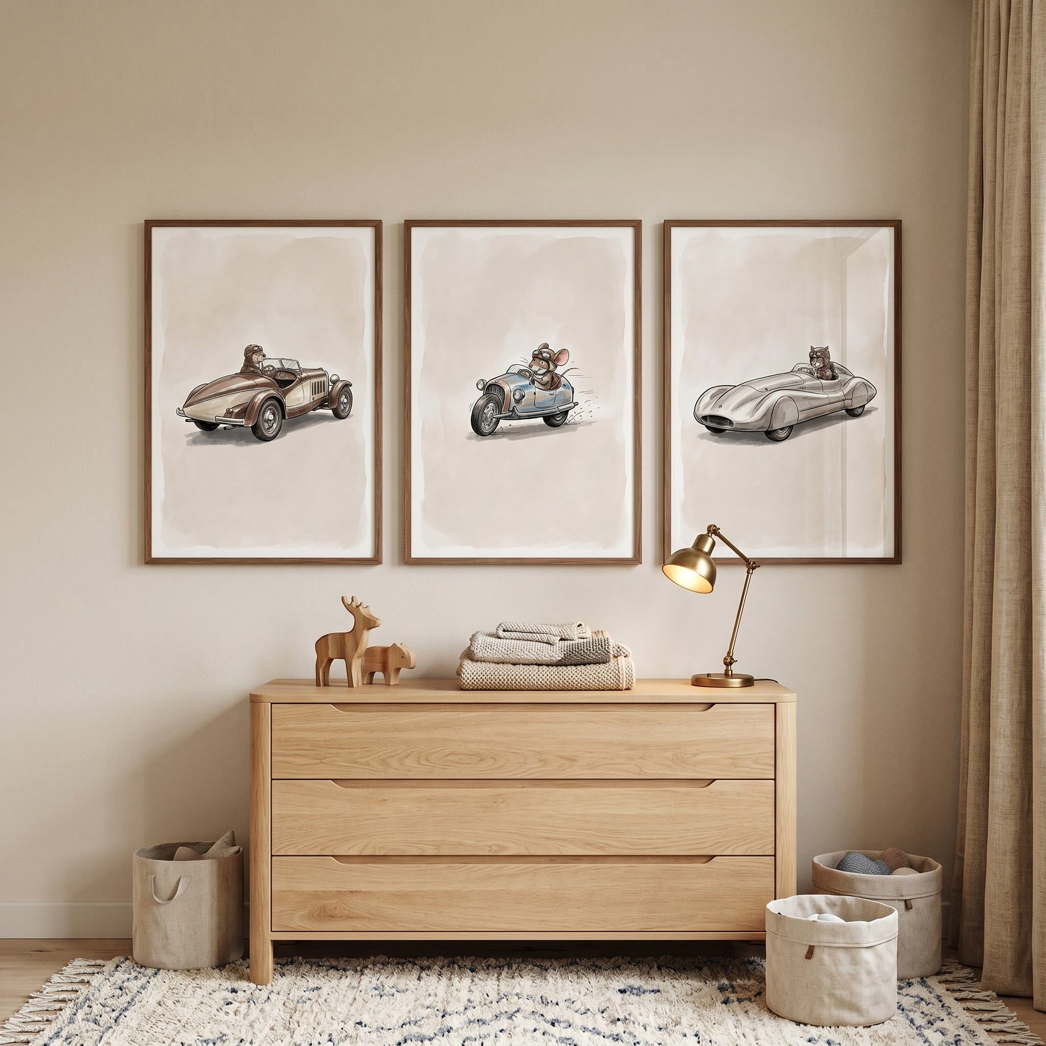 Neutral Vintage Driving Animal Wall Art Set of 3 - Vintage Racer Mice