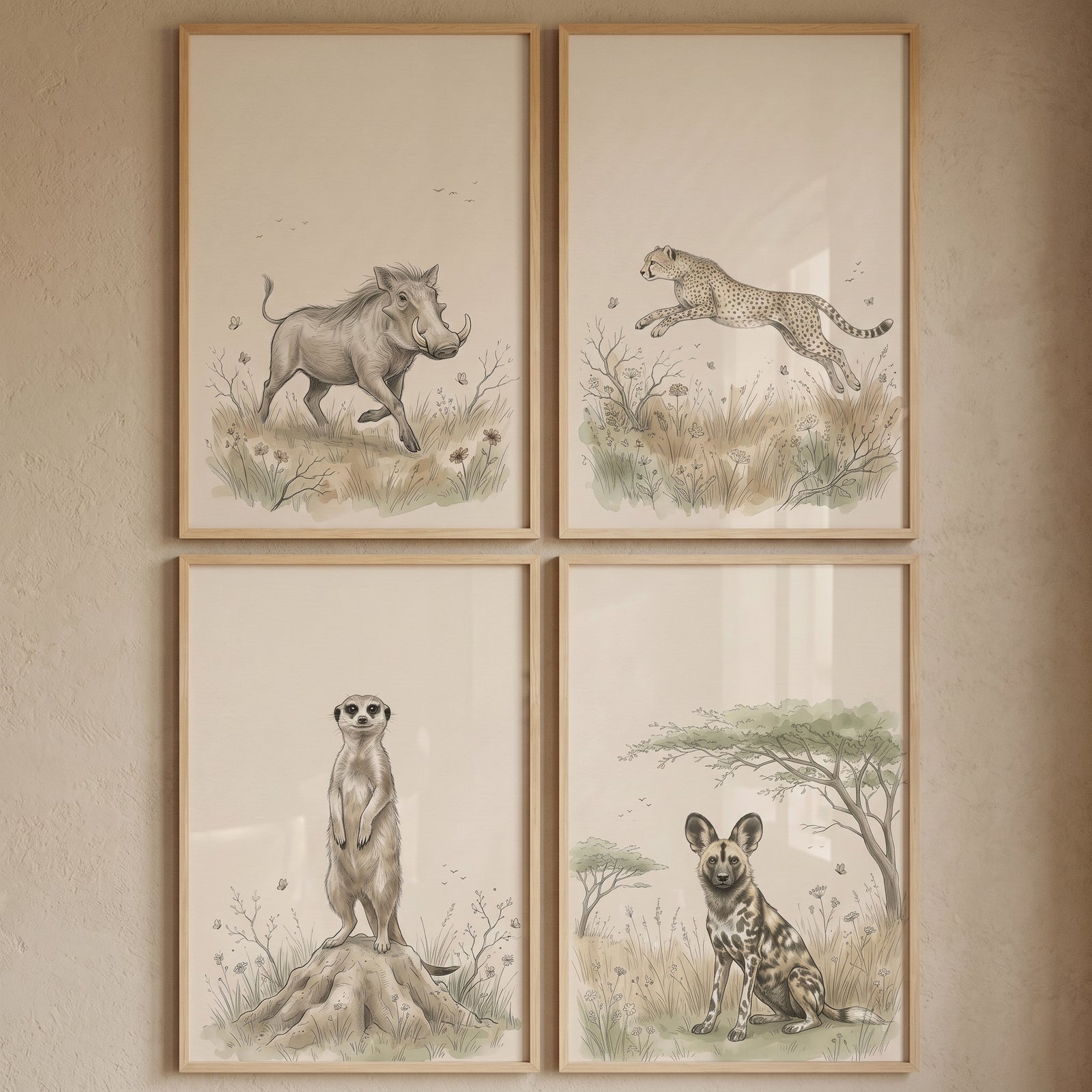 Neutral vintage safari animal wall art set of 4 featuring a warthog, leaping cheetah, meerkat, and wild dog.
