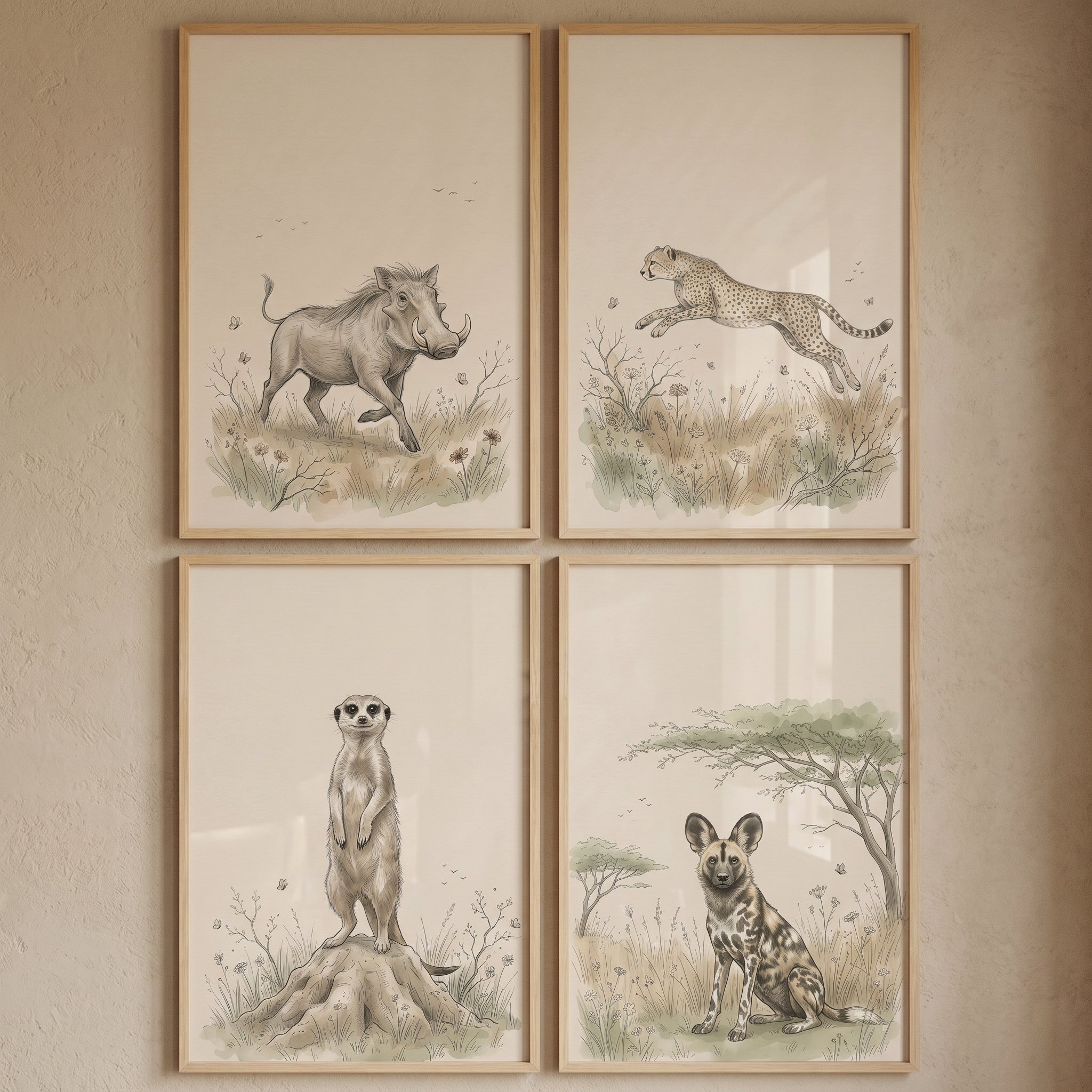 Neutral Vintage Safari Animal Wall Art Set of 4 - Wild Savanna Sketches