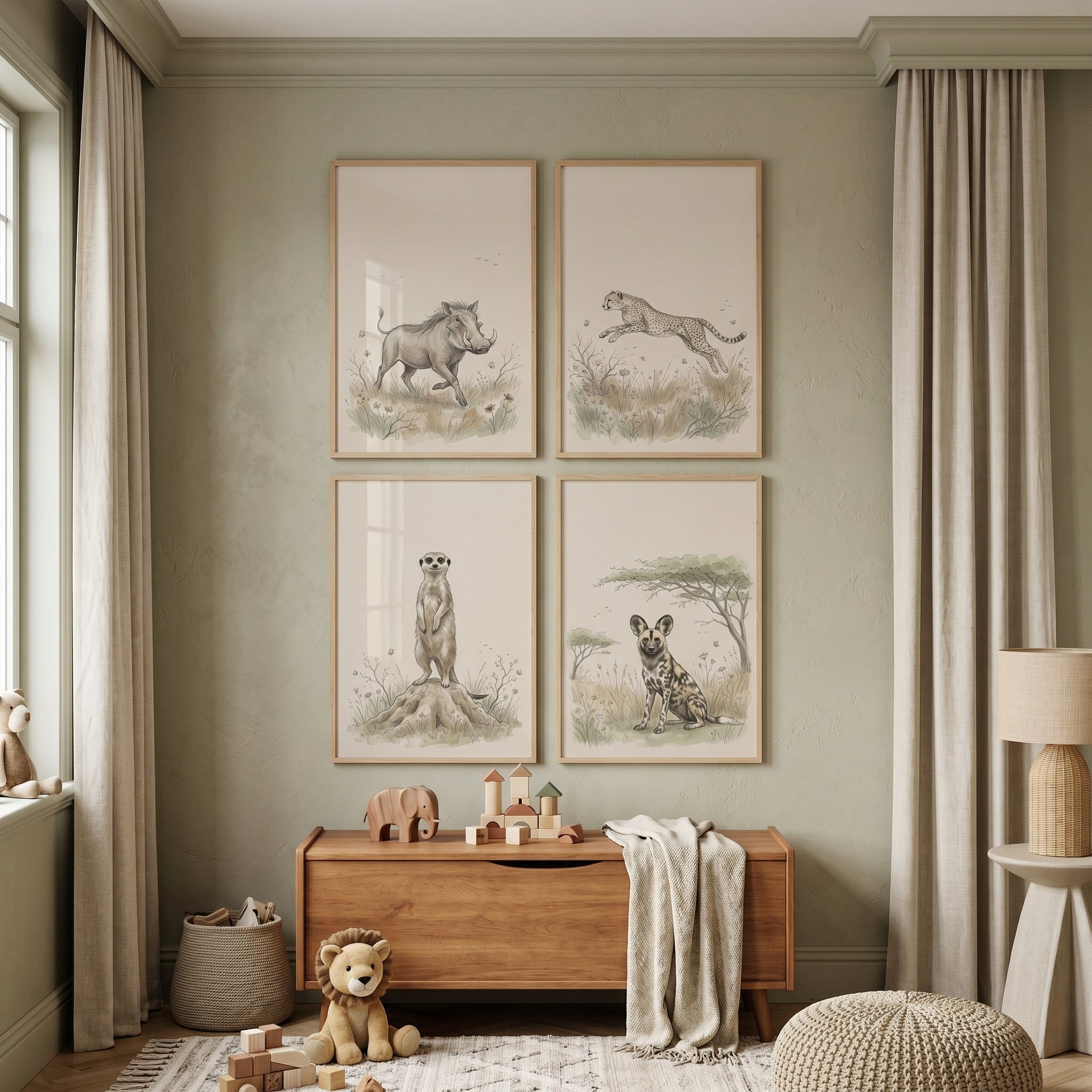 Neutral Vintage Safari Animal Wall Art Set of 4 - Wild Savanna Sketches