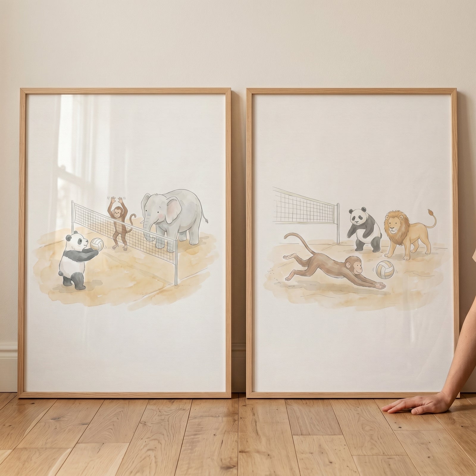 Neutral volleyball safari animals wall art set of 2 with watercolor panda, monkey, lion, and elephant on beach courts.