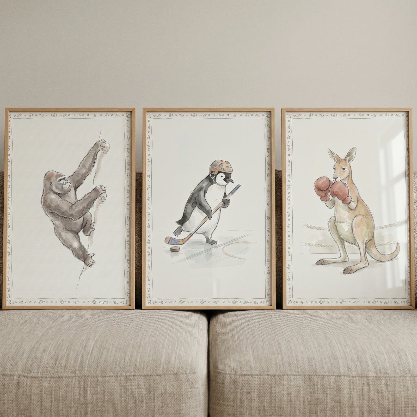 Neutral wash sporting animals wall art set of 3 with a climbing gorilla, hockey penguin, and boxing kangaroo.