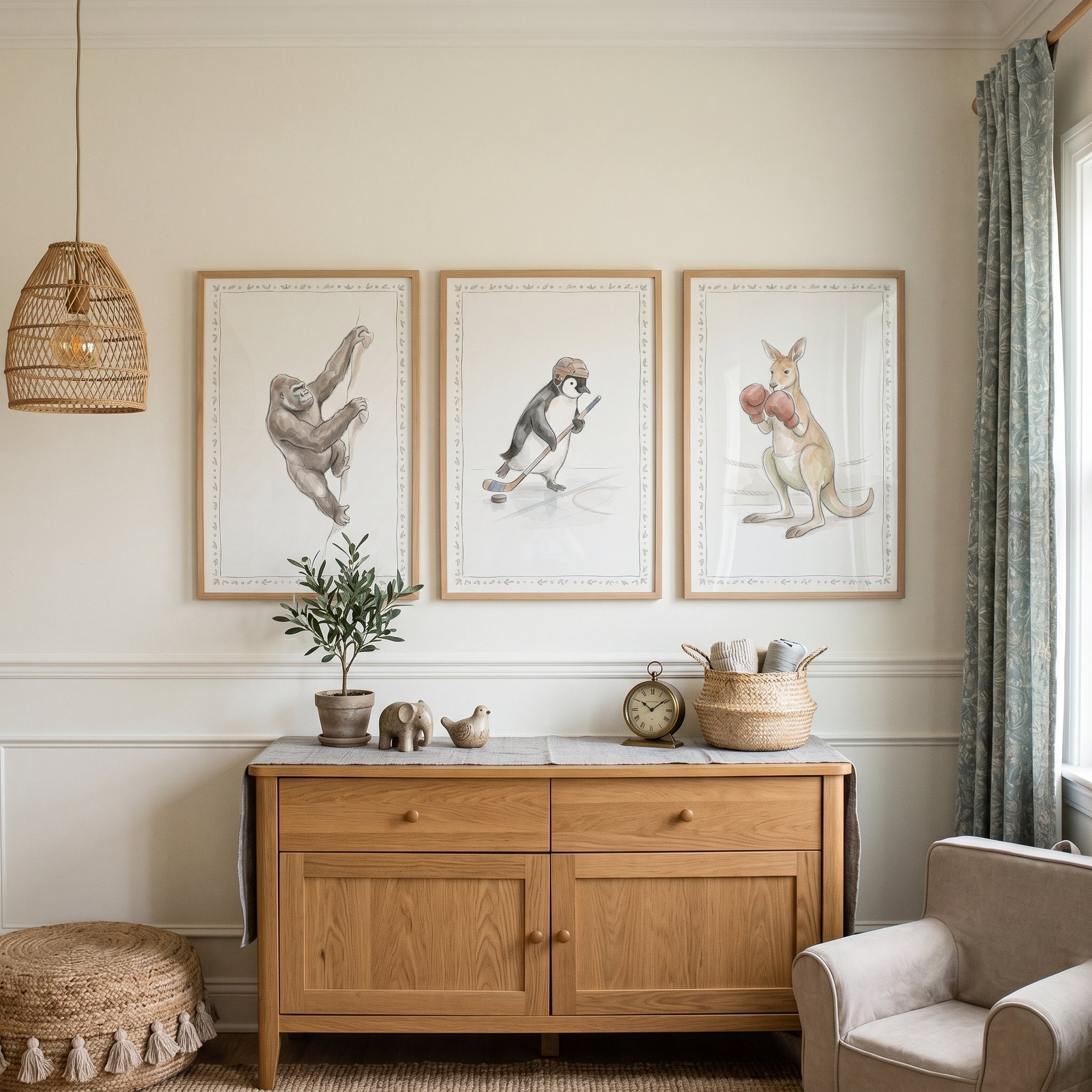 Neutral Wash Sporting Animals Wall Art Set of 3 - Sporty Wildlife Sketches