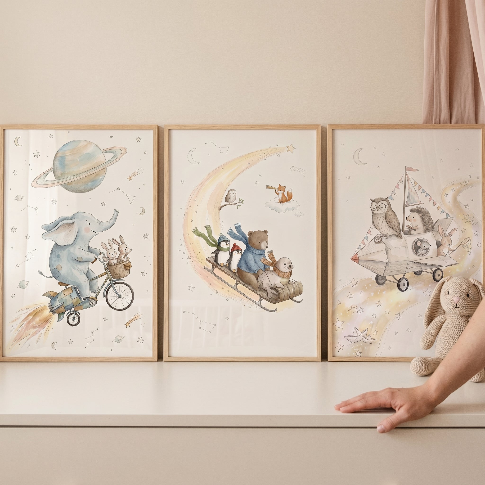 Neutral Watercolor Adventure Animals Wall Art Set of 3 - Celestial Animal Journey